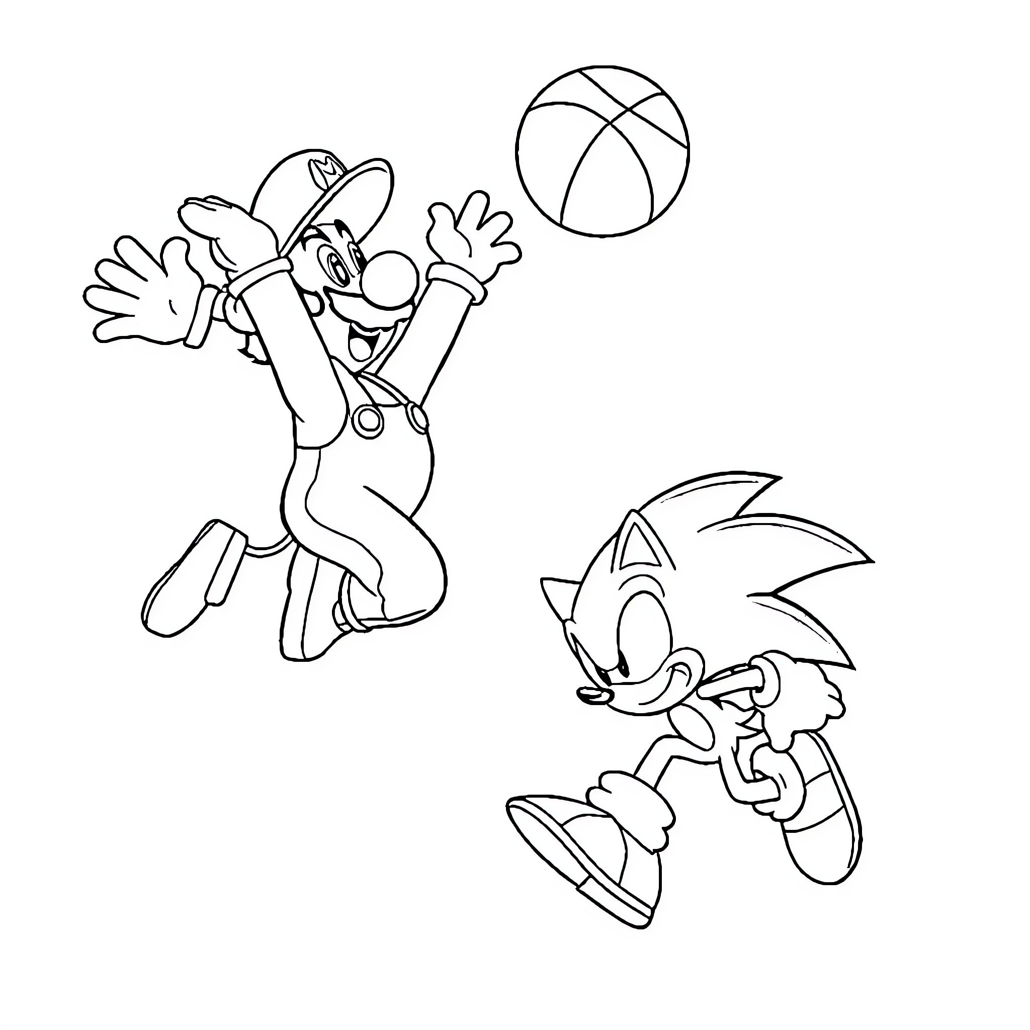 Super Mario characters playing with a ball Coloring Page (free black-and-white line drawing printable PDF for all, from beginners to advanced learners, including children, teens, adults, and seniors)