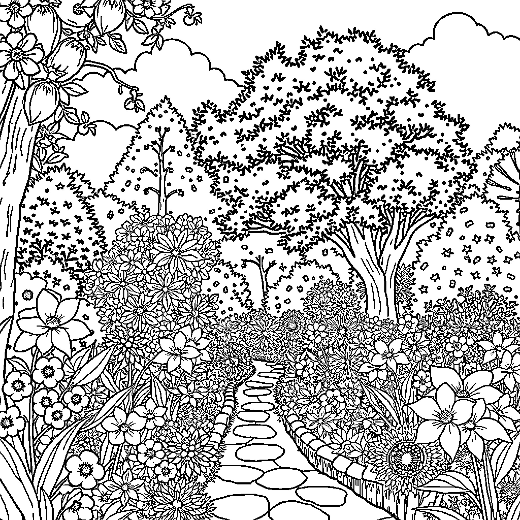 Pond Filled with Blooming Flowers and Lush Foliage Coloring Page (free black-and-white line drawing printable PDF for all, from beginners to advanced learners, including children, teens, adults, and seniors)