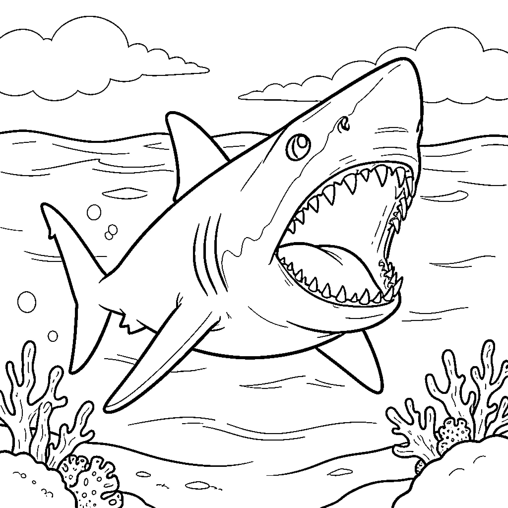 Shark swimming through the ocean with mouth open Coloring Page (free black-and-white line drawing printable PDF for all, from beginners to advanced learners, including children, teens, adults, and seniors)