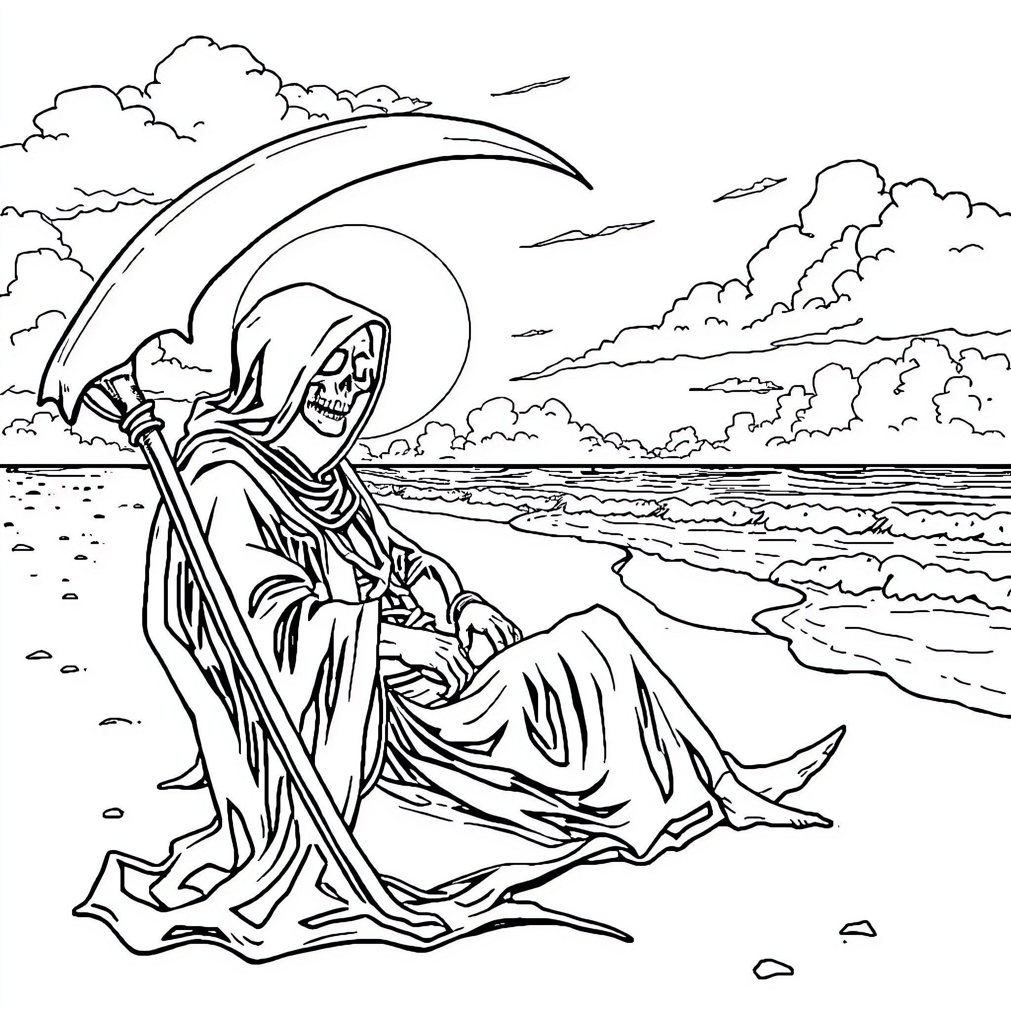 Grim Reaper overlooking a desolate seascape Coloring Page (free black-and-white line drawing printable PDF for all, from beginners to advanced learners, including children, teens, adults, and seniors)