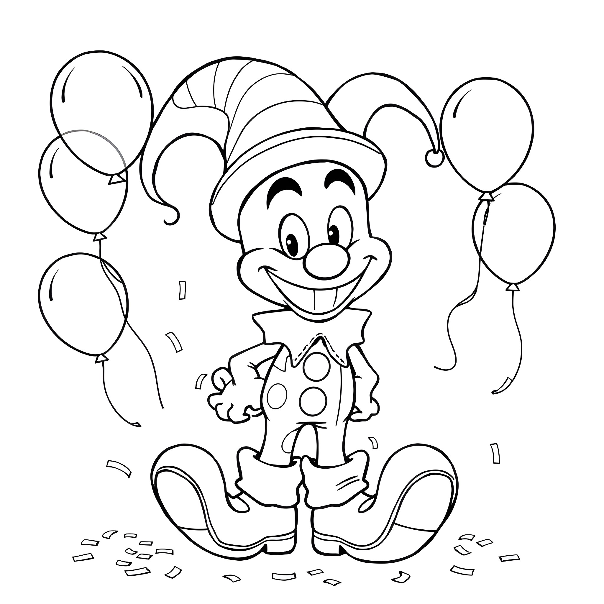 Bluey the clown celebrates with balloons Coloring Page (free black-and-white line drawing printable PDF for all, from beginners to advanced learners, including children, teens, adults, and seniors)