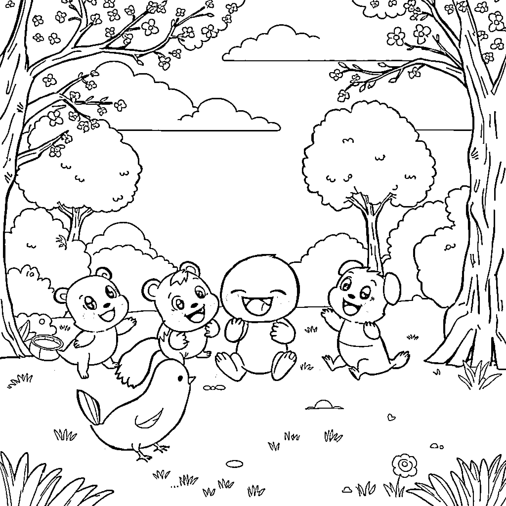 Labubu's Fun Day in the Whimsical Forest Coloring Page (free black-and-white line drawing printable PDF for all, from beginners to advanced learners, including children, teens, adults, and seniors)