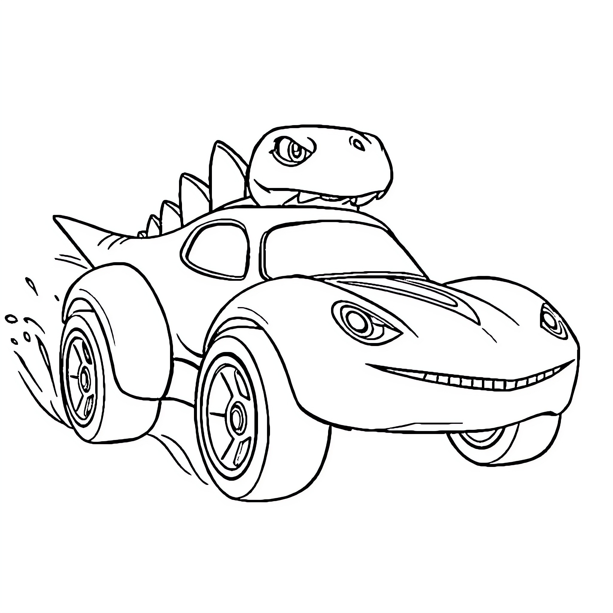 Dinosaur driving a happy car Coloring Page (free black-and-white line drawing printable PDF for all, from beginners to advanced learners, including children, teens, adults, and seniors)