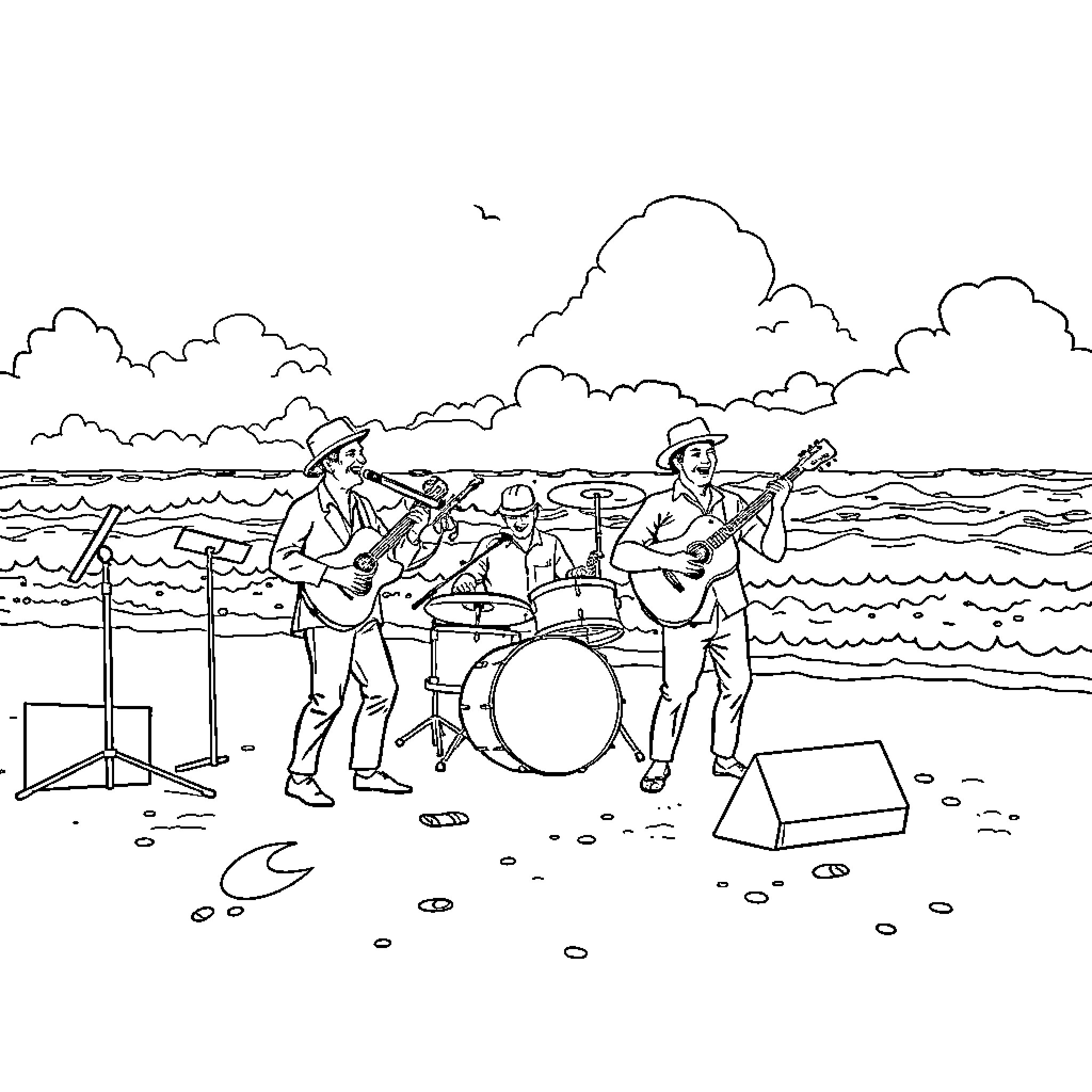 Band performing on the beach with instruments Coloring Page (free black-and-white line drawing printable PDF for all, from beginners to advanced learners, including children, teens, adults, and seniors)