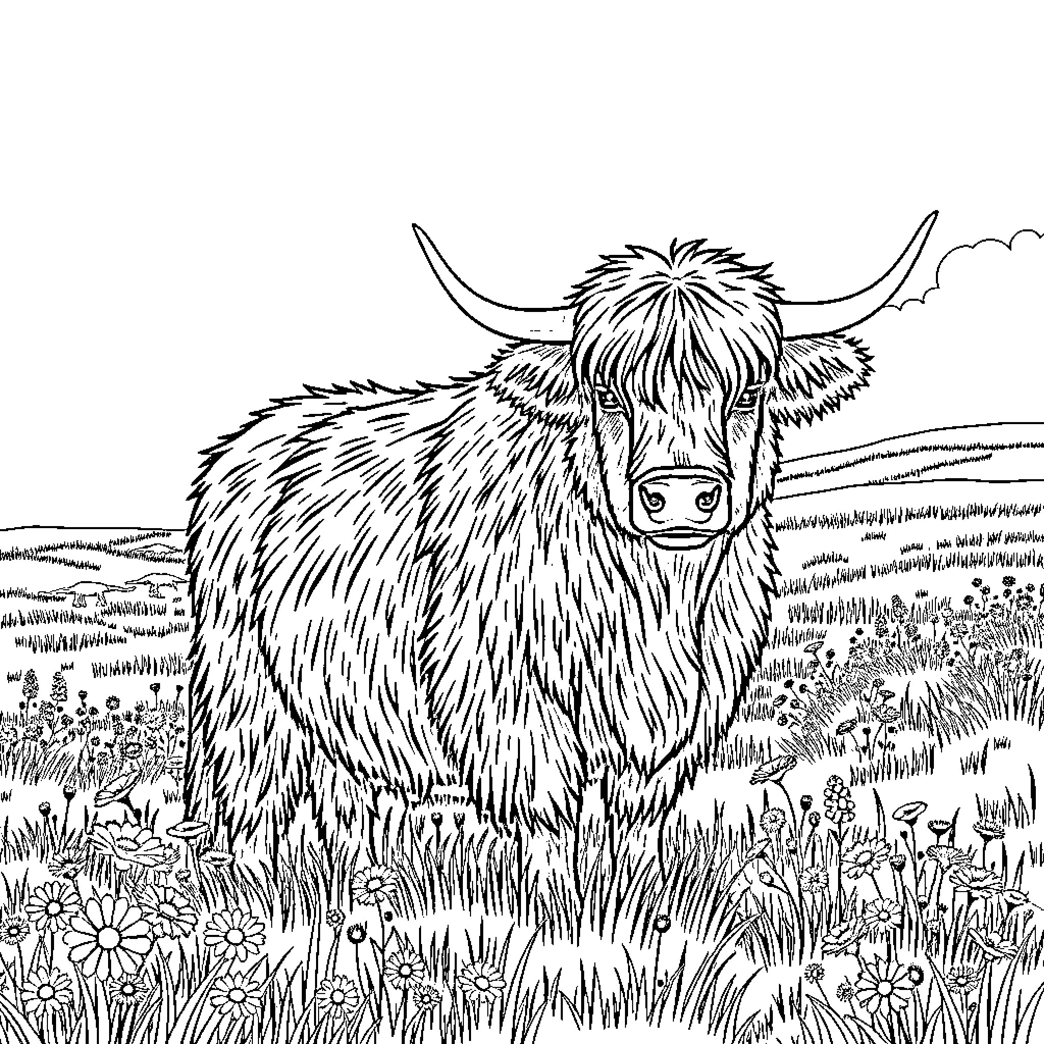 Highland Cow grazing peacefully in a meadow Coloring Page (free black-and-white line drawing printable PDF for all, from beginners to advanced learners, including children, teens, adults, and seniors)