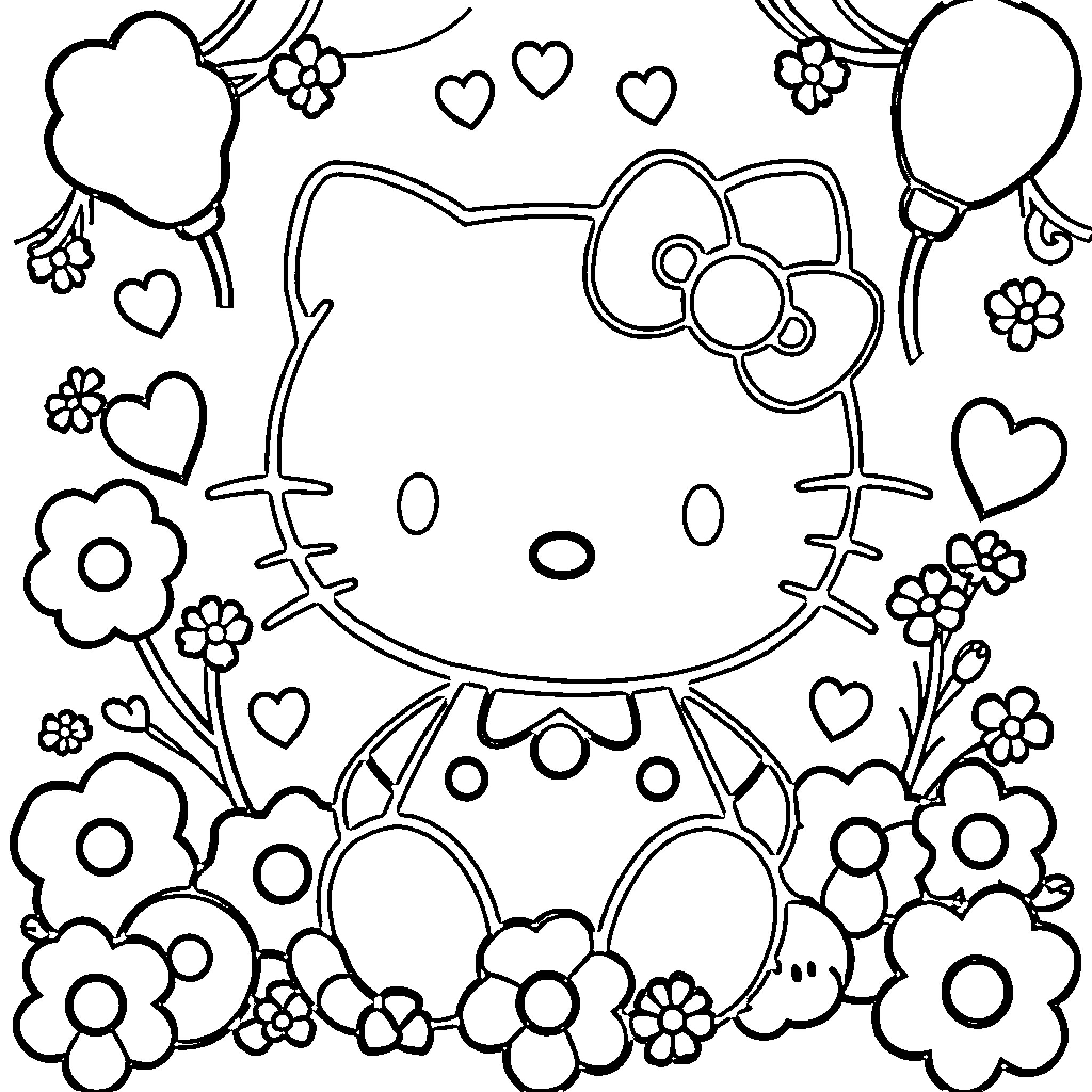 Hello Kitty playing among flowers and hearts Coloring Page (free black-and-white line drawing printable PDF for all, from beginners to advanced learners, including children, teens, adults, and seniors)