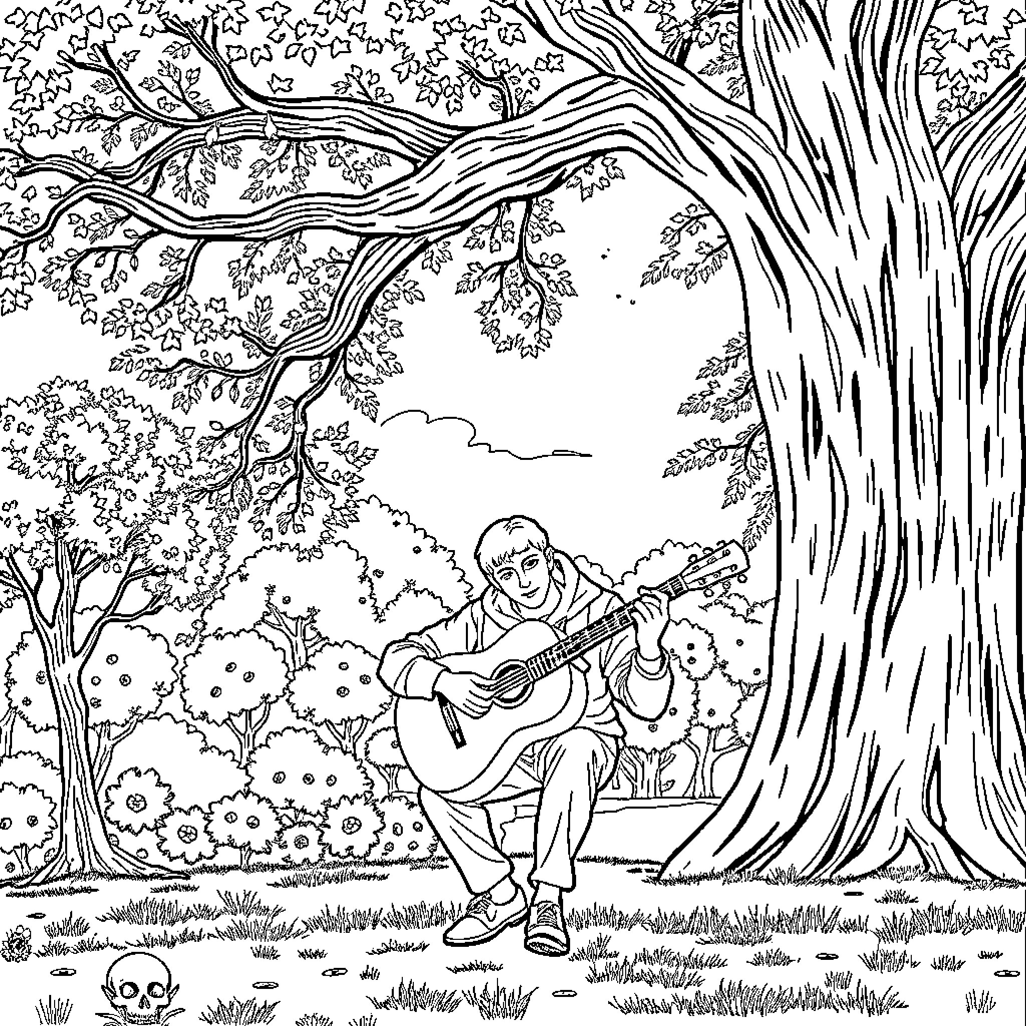 Spider-Man Guitarist Serenades Nature in the Forest Coloring Page (free black-and-white line drawing printable PDF for all, from beginners to advanced learners, including children, teens, adults, and seniors)