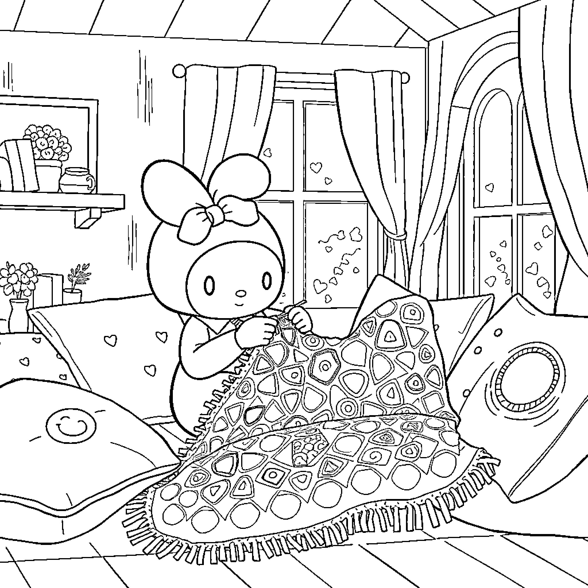 My Melody Enjoying a Cozy Afternoon at Home Coloring Page (free black-and-white line drawing printable PDF for all, from beginners to advanced learners, including children, teens, adults, and seniors)