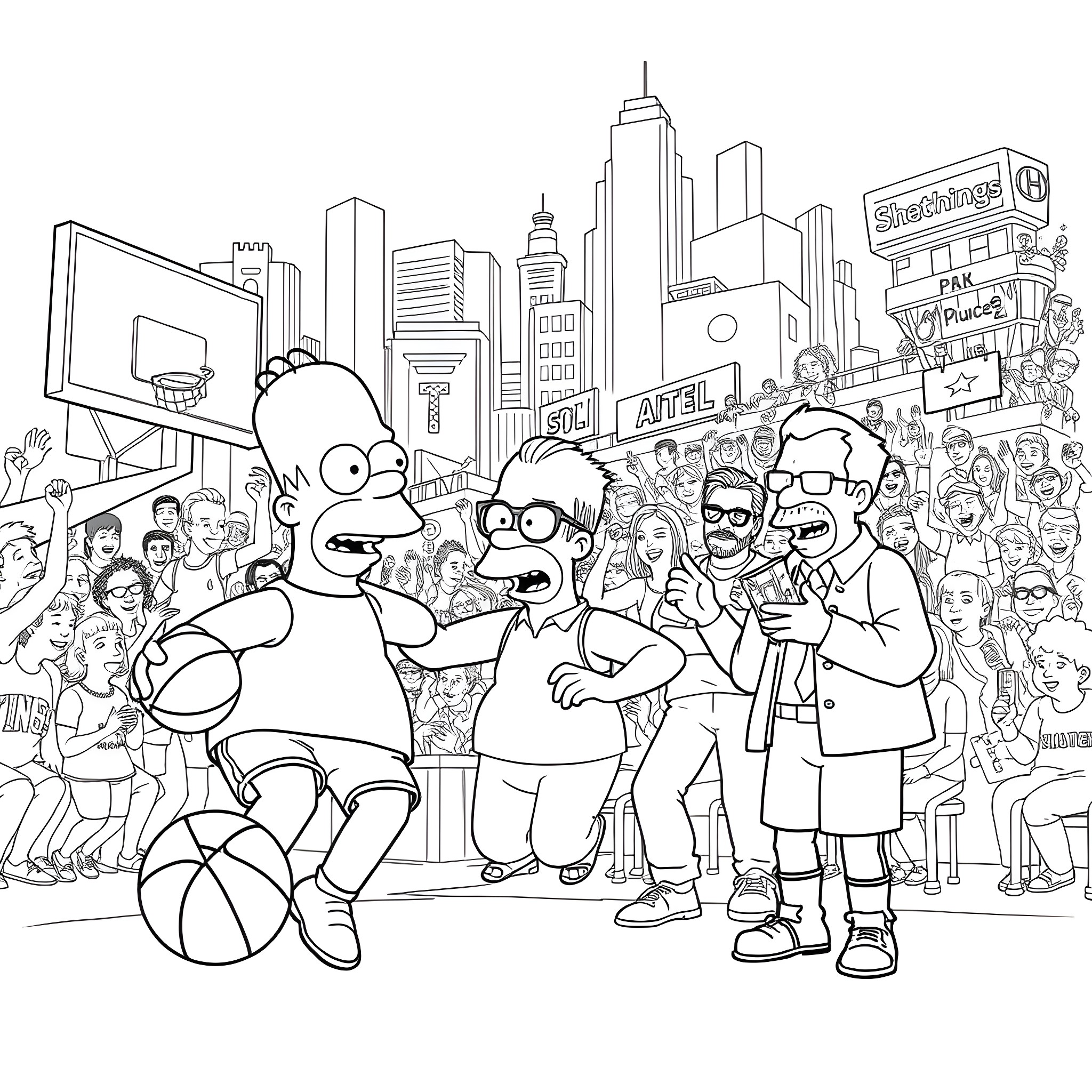 Simpson Family Having Fun in the City Coloring Page (free black-and-white line drawing printable PDF for all, from beginners to advanced learners, including children, teens, adults, and seniors)
