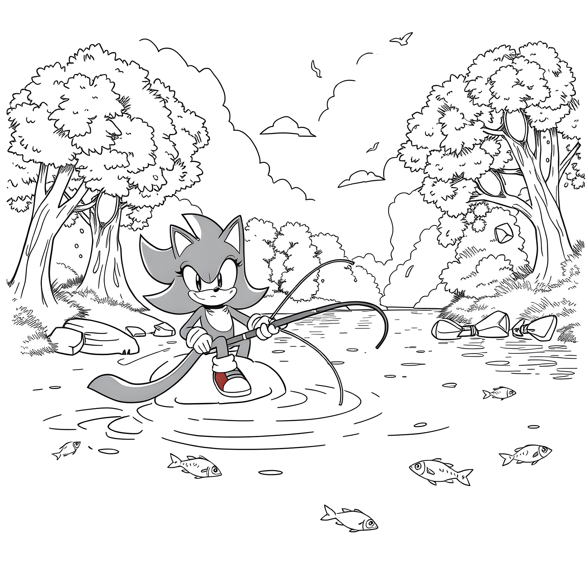 Cat Exploring a Serene Forest Landscape Coloring Page (free black-and-white line drawing printable PDF for all, from beginners to advanced learners, including children, teens, adults, and seniors)