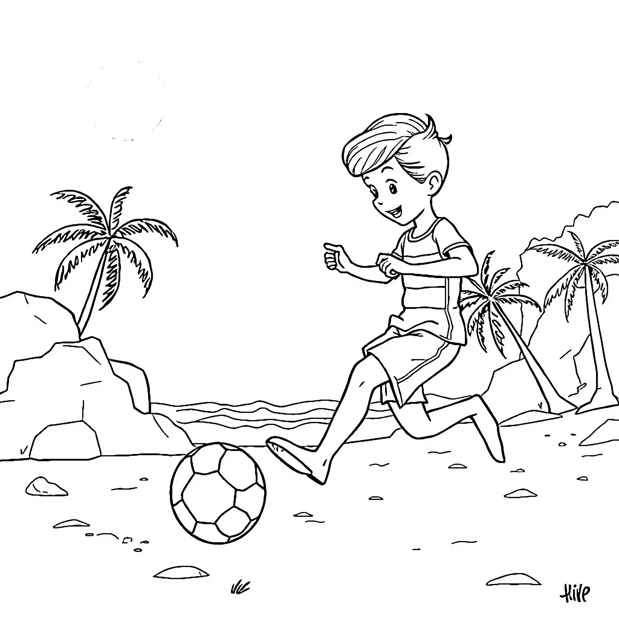 Olive et Tom playing soccer on a tropical beach Coloring Page (free black-and-white line drawing printable PDF for all, from beginners to advanced learners, including children, teens, adults, and seniors)