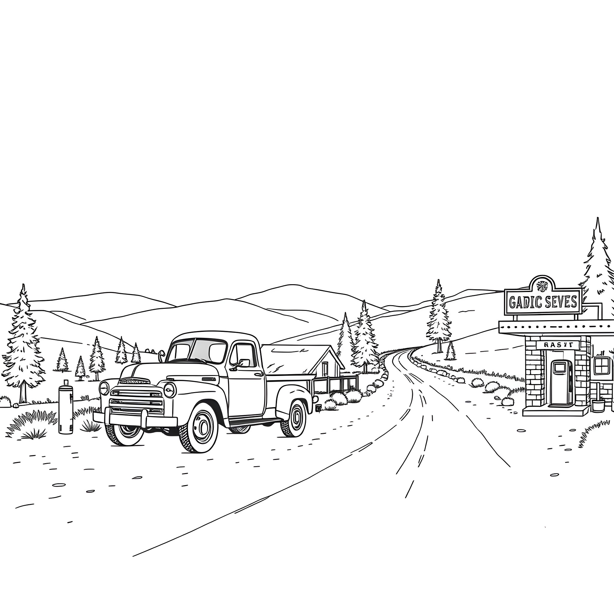 Truck on the Rural Road with Scenic Landscape Coloring Page (free black-and-white line drawing printable PDF for all, from beginners to advanced learners, including children, teens, adults, and seniors)