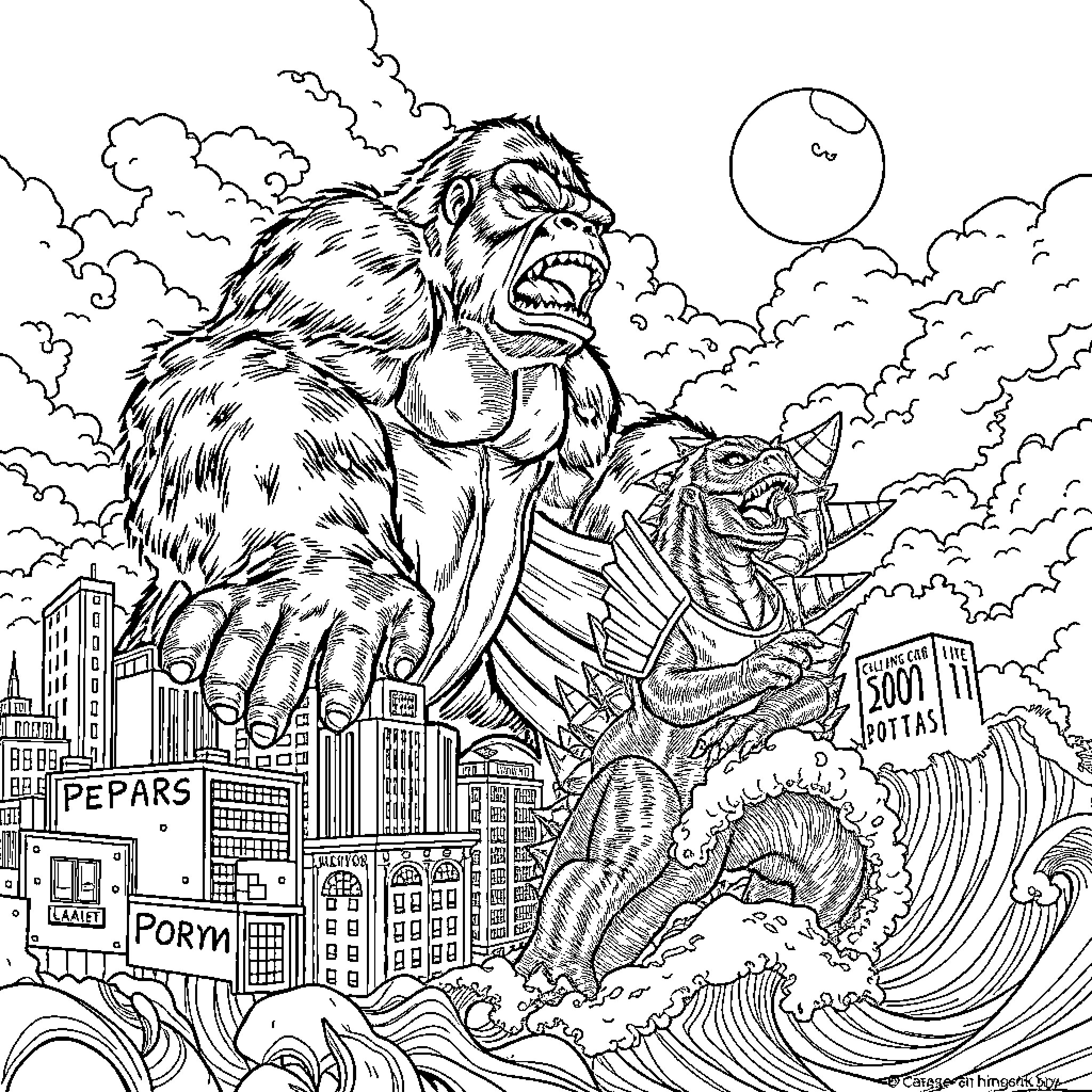 King Kong rampaging through the city, destroying buildings Coloring Page (free black-and-white line drawing printable PDF for all, from beginners to advanced learners, including children, teens, adults, and seniors)