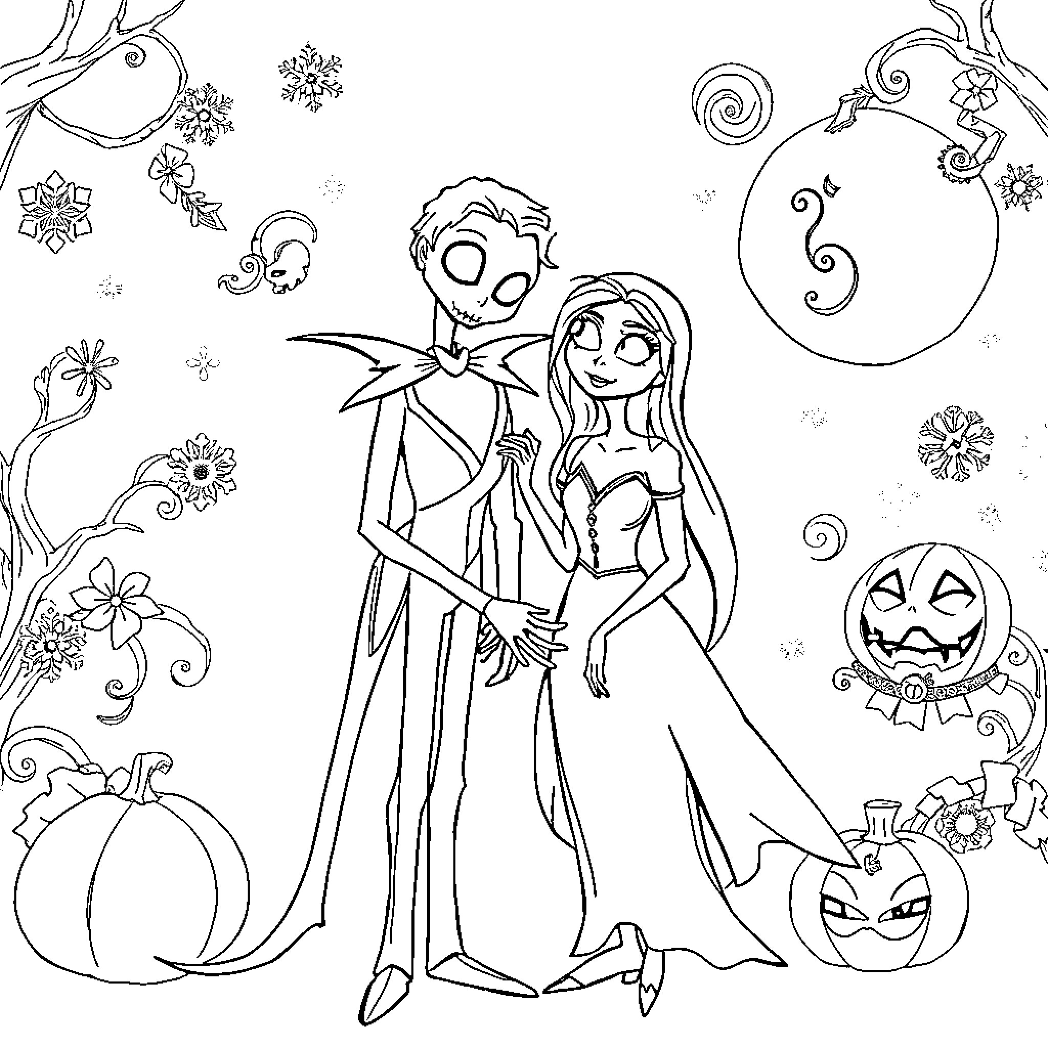 Elsa and Jack Skellington in a Spooky Winter Wonderland Coloring Page (free black-and-white line drawing printable PDF for all, from beginners to advanced learners, including children, teens, adults, and seniors)