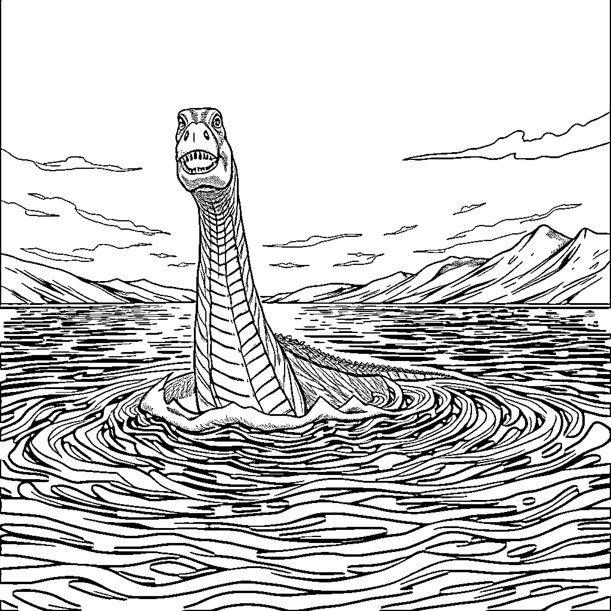 Loch Ness Monster emerging from the waters Coloring Page (free black-and-white line drawing printable PDF for all, from beginners to advanced learners, including children, teens, adults, and seniors)