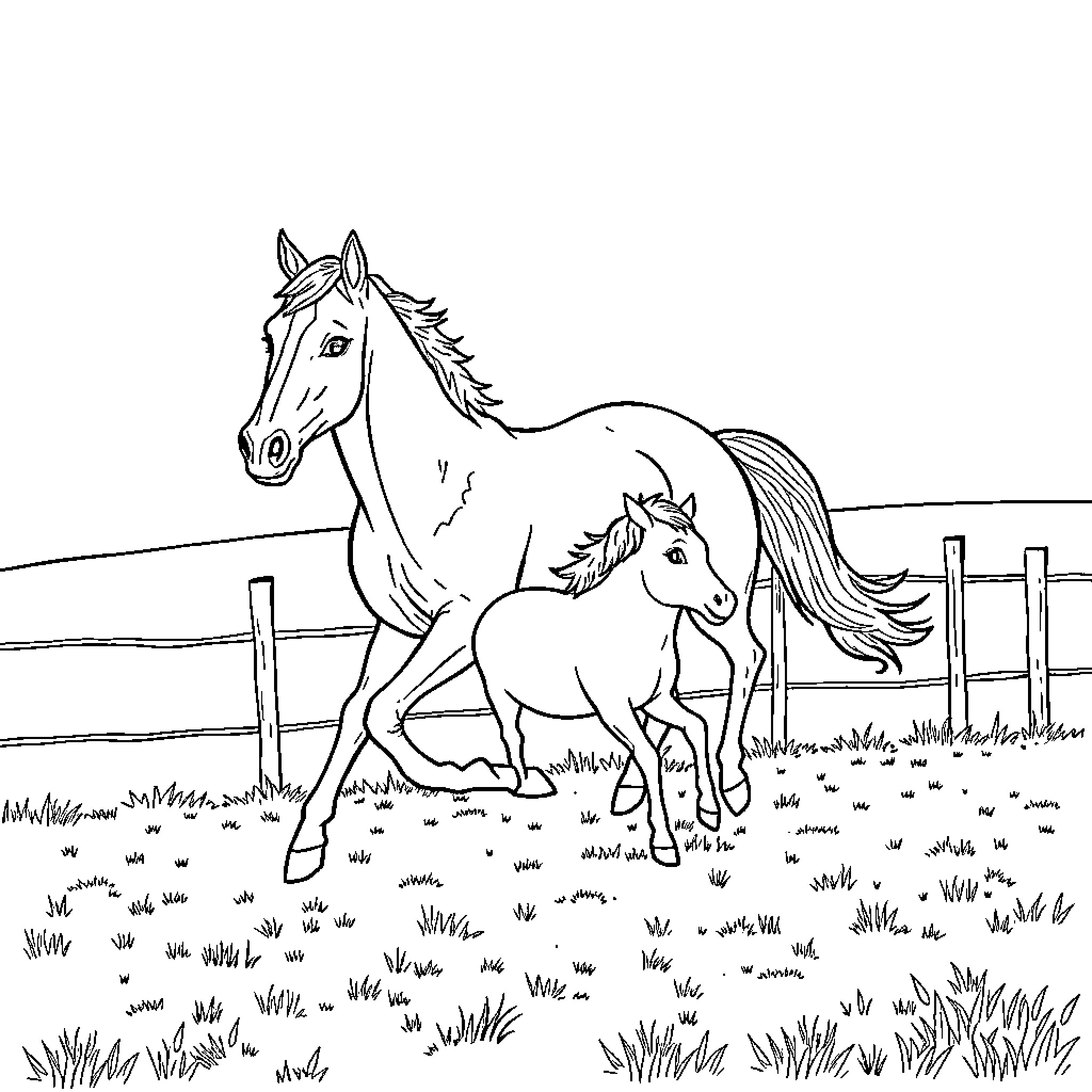Horse and Foal Roaming in the Pasture Coloring Page (free black-and-white line drawing printable PDF for all, from beginners to advanced learners, including children, teens, adults, and seniors)