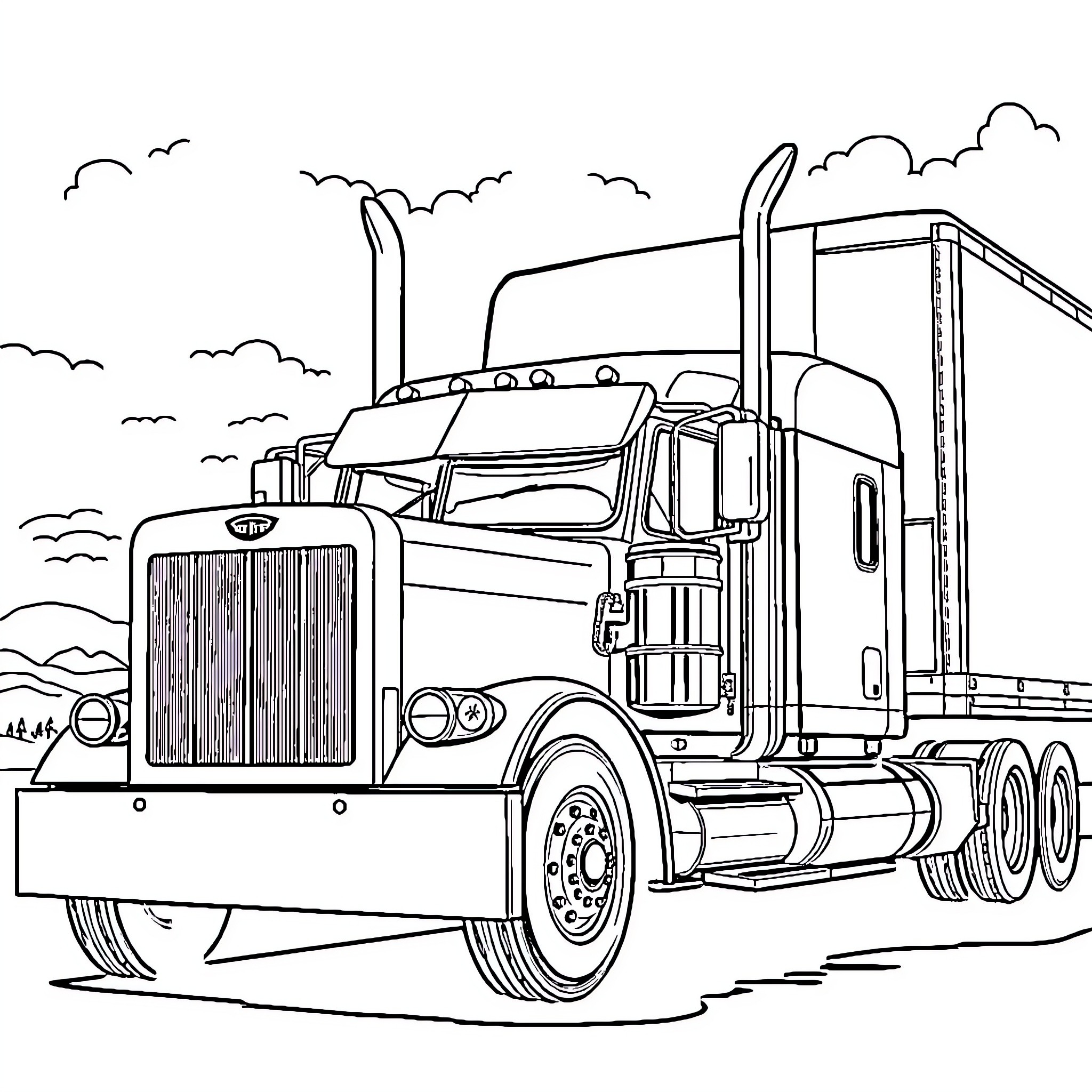 Peterbilt Truck Hauling Cargo through Scenic Landscape Coloring Page (free black-and-white line drawing printable PDF for all, from beginners to advanced learners, including children, teens, adults, and seniors)