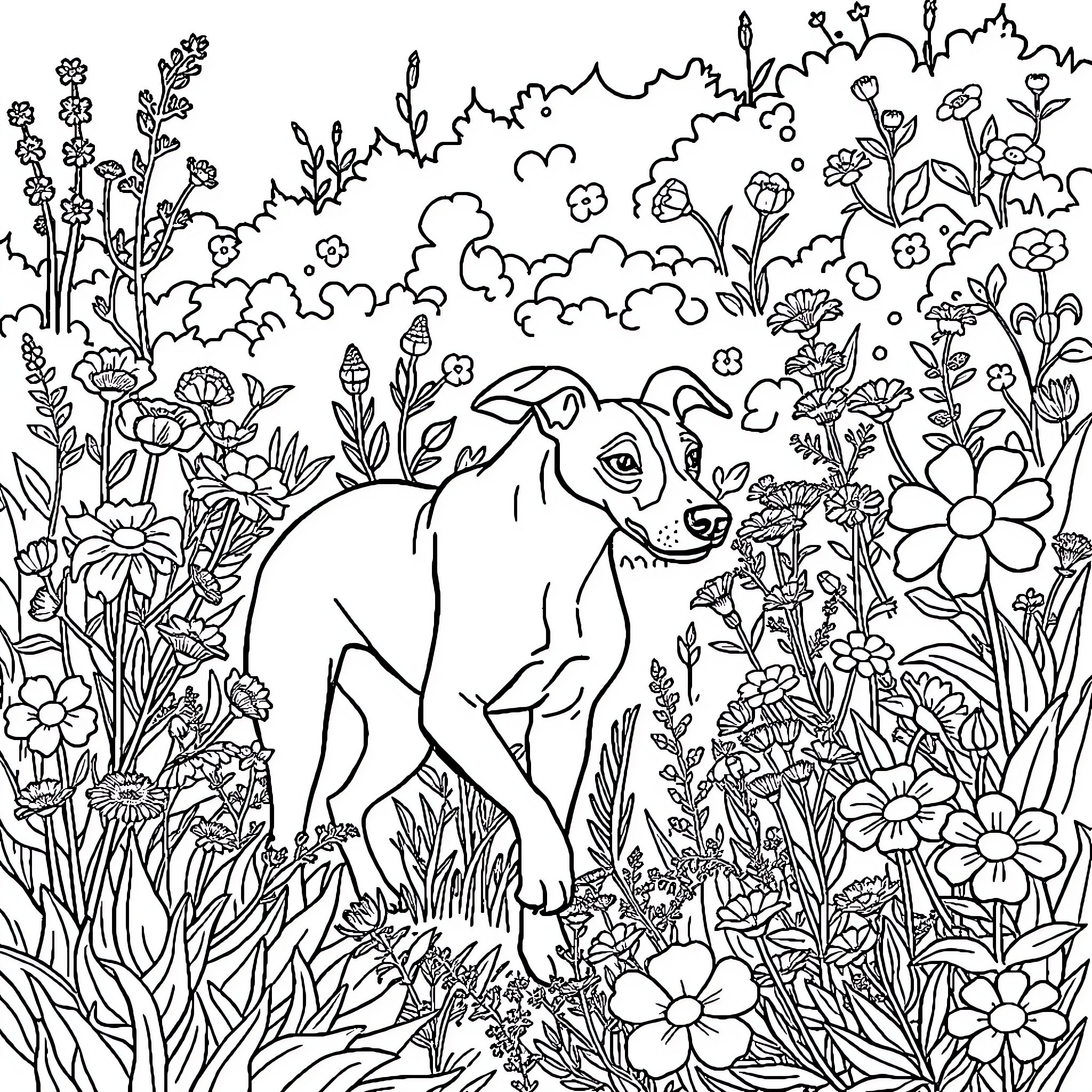 Dog exploring a vibrant floral garden Coloring Page (free black-and-white line drawing printable PDF for all, from beginners to advanced learners, including children, teens, adults, and seniors)