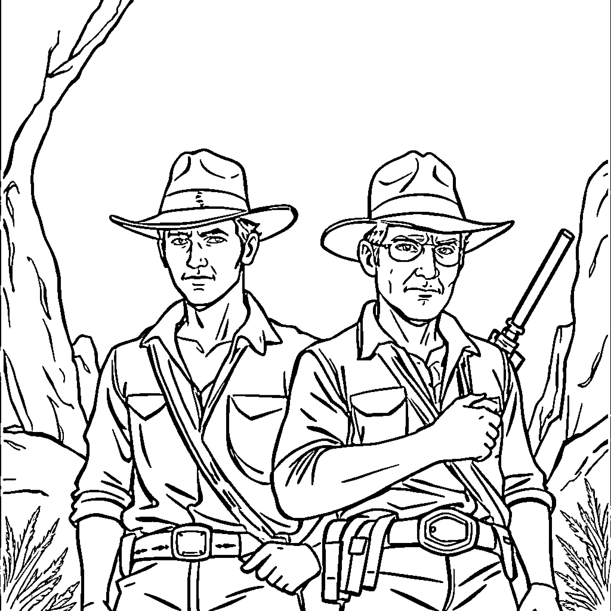 Jones' Frontier Expedition Leaders in the Wilderness Coloring Page (free black-and-white line drawing printable PDF for all, from beginners to advanced learners, including children, teens, adults, and seniors)