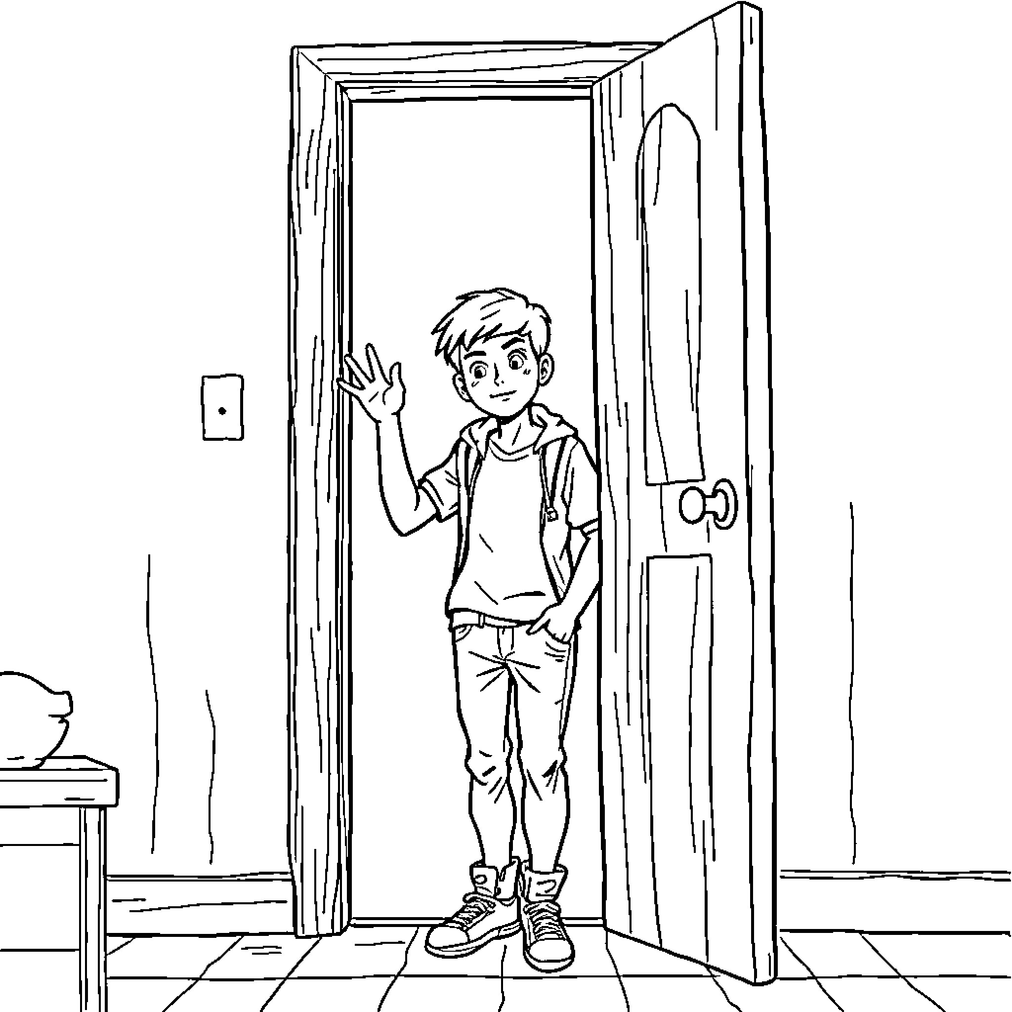 Teenager happily waving from open doorway Coloring Page (free black-and-white line drawing printable PDF for all, from beginners to advanced learners, including children, teens, adults, and seniors)