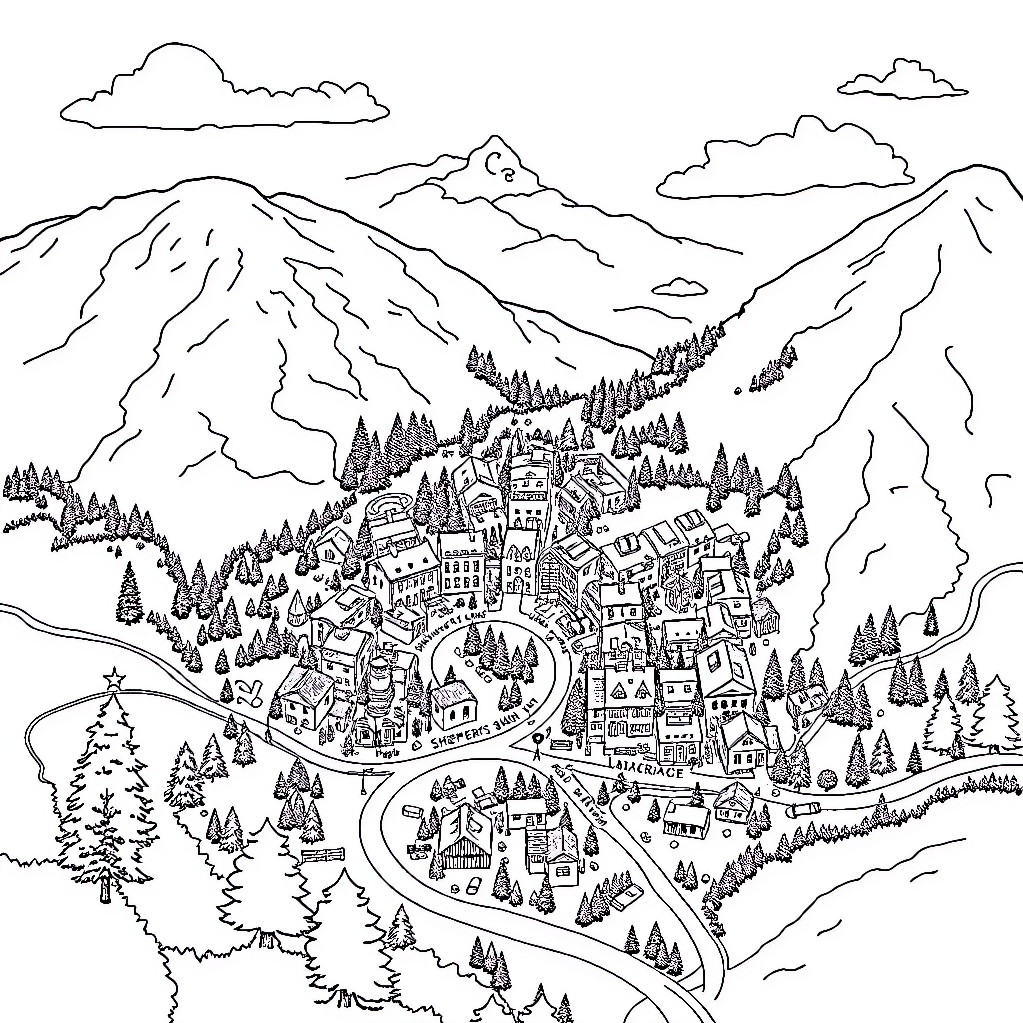Map of a Vibrant Mountain Town Coloring Page (free black-and-white line drawing printable PDF for all, from beginners to advanced learners, including children, teens, adults, and seniors)