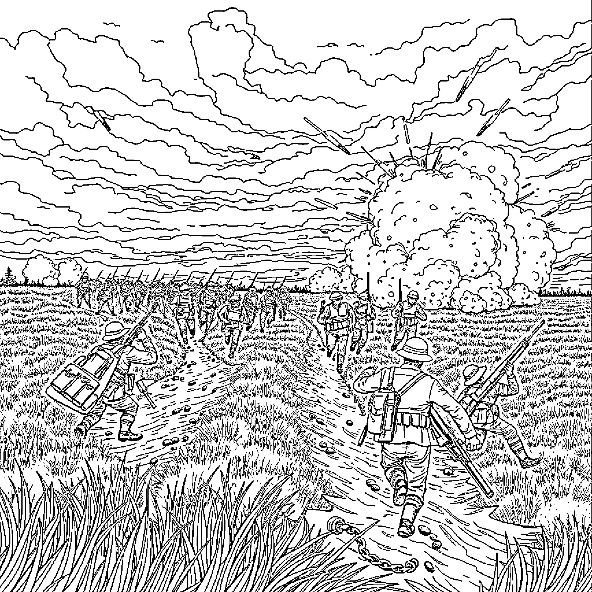 Battle of Flers-Courcelette: Soldiers engaging in combat amidst explosions and smoke Coloring Page (free black-and-white line drawing printable PDF for all, from beginners to advanced learners, including children, teens, adults, and seniors)