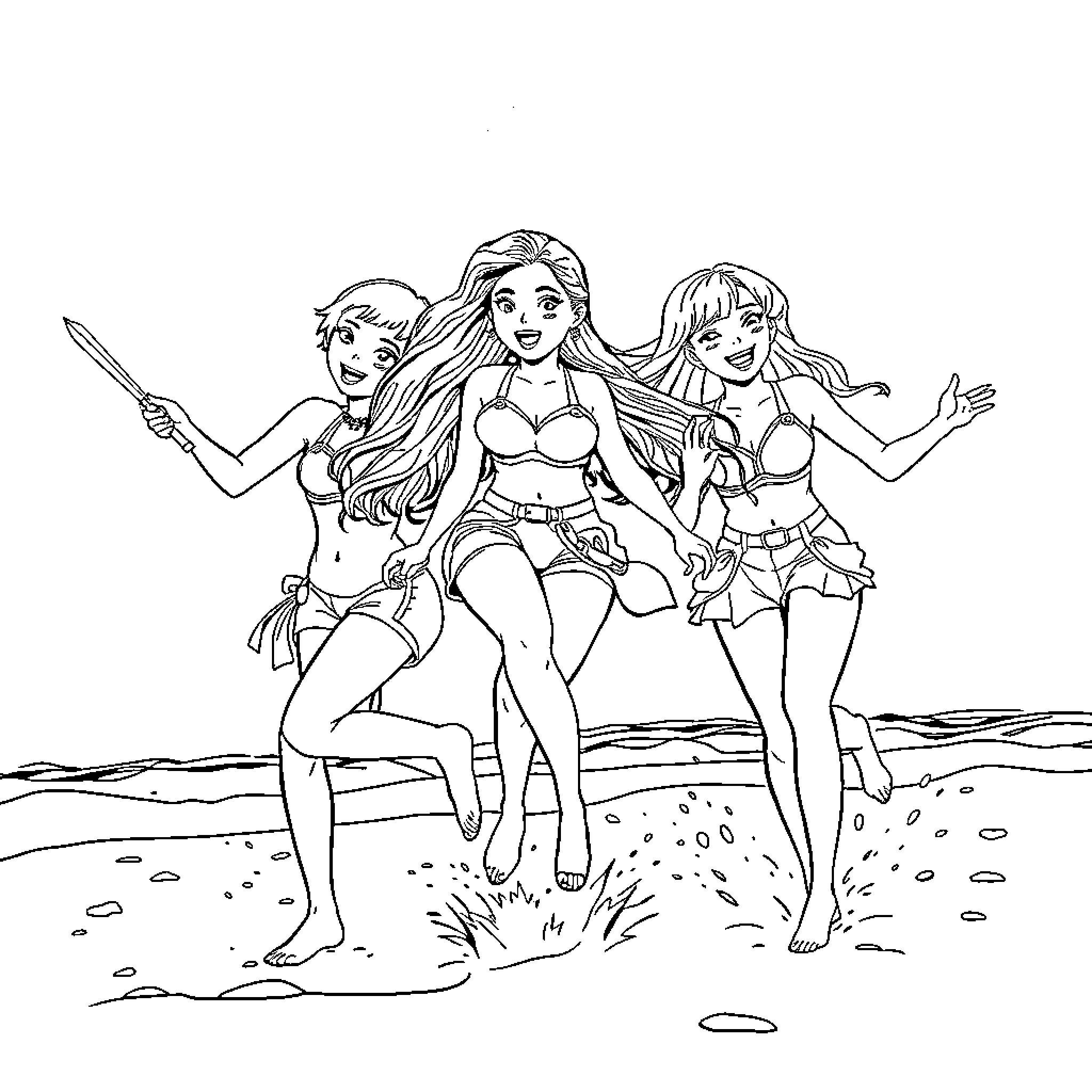 Guerrera Trio: Heroic Adventure on the Beach Coloring Page (free black-and-white line drawing printable PDF for all, from beginners to advanced learners, including children, teens, adults, and seniors)