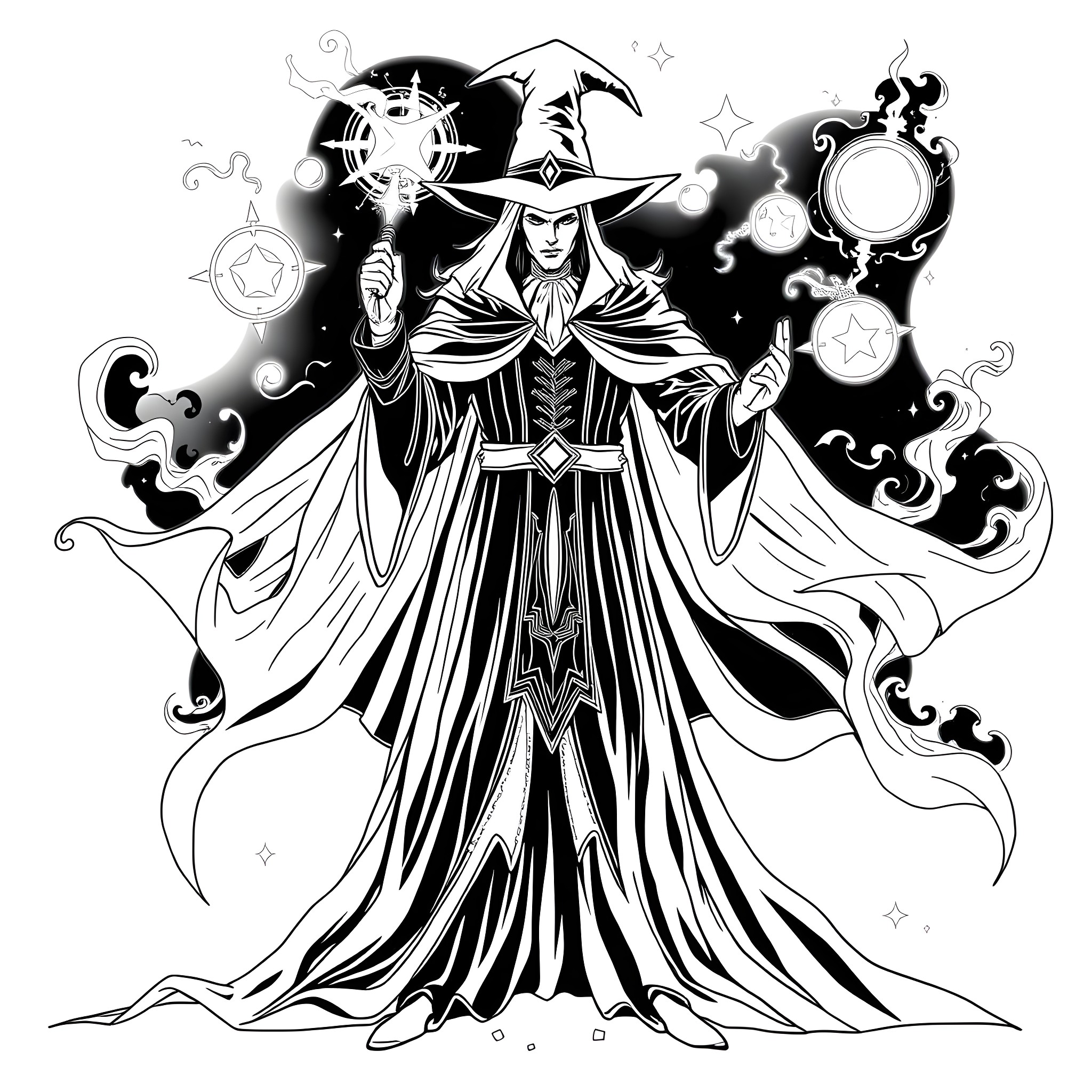 Dark Magician casting a powerful spell Coloring Page (free black-and-white line drawing printable PDF for all, from beginners to advanced learners, including children, teens, adults, and seniors)