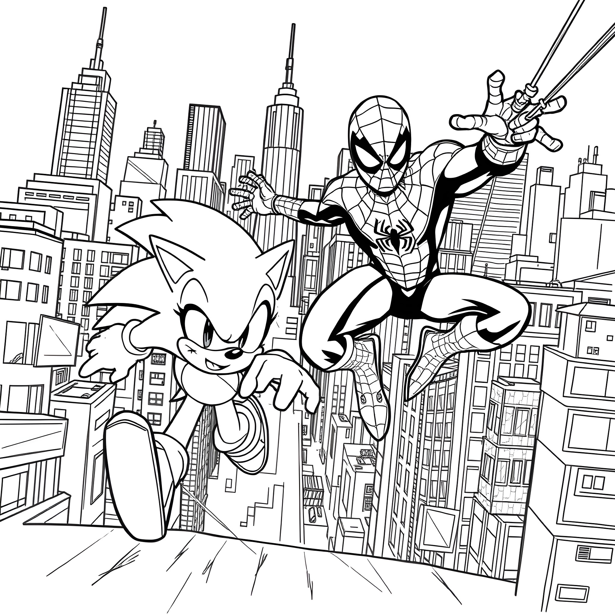 Sonic and Spider-Man heroically swinging through the city Coloring Page (free black-and-white line drawing printable PDF for all, from beginners to advanced learners, including children, teens, adults, and seniors)