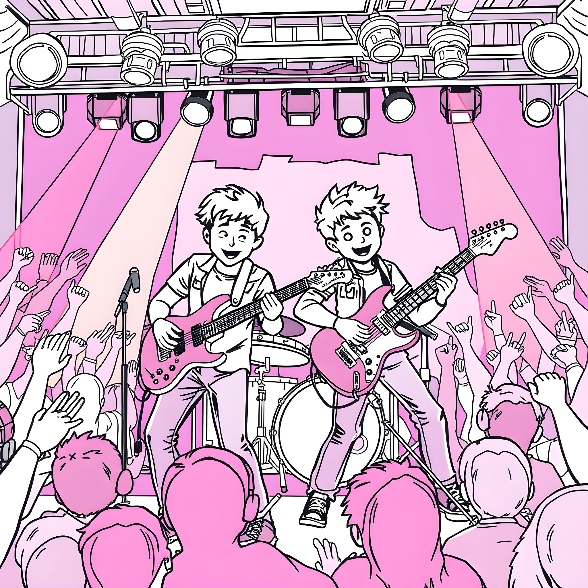 Paw Patrol Band Performing on Stage Coloring Page (free black-and-white line drawing printable PDF for all, from beginners to advanced learners, including children, teens, adults, and seniors)