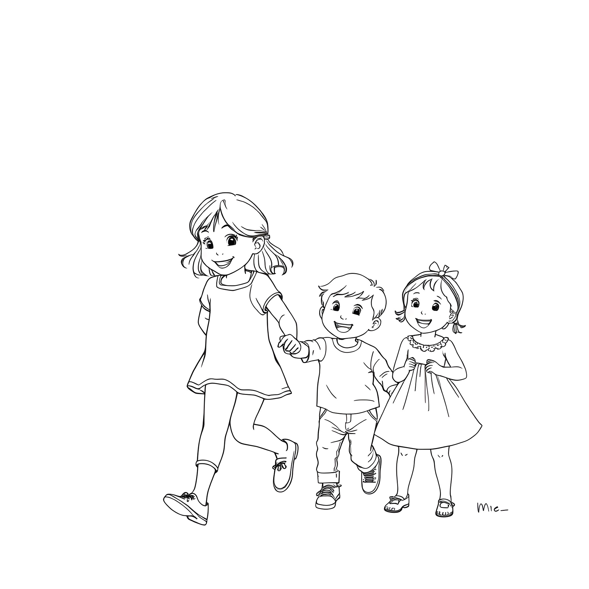 Child playing happily with friends Coloring Page (free black-and-white line drawing printable PDF for all, from beginners to advanced learners, including children, teens, adults, and seniors)
