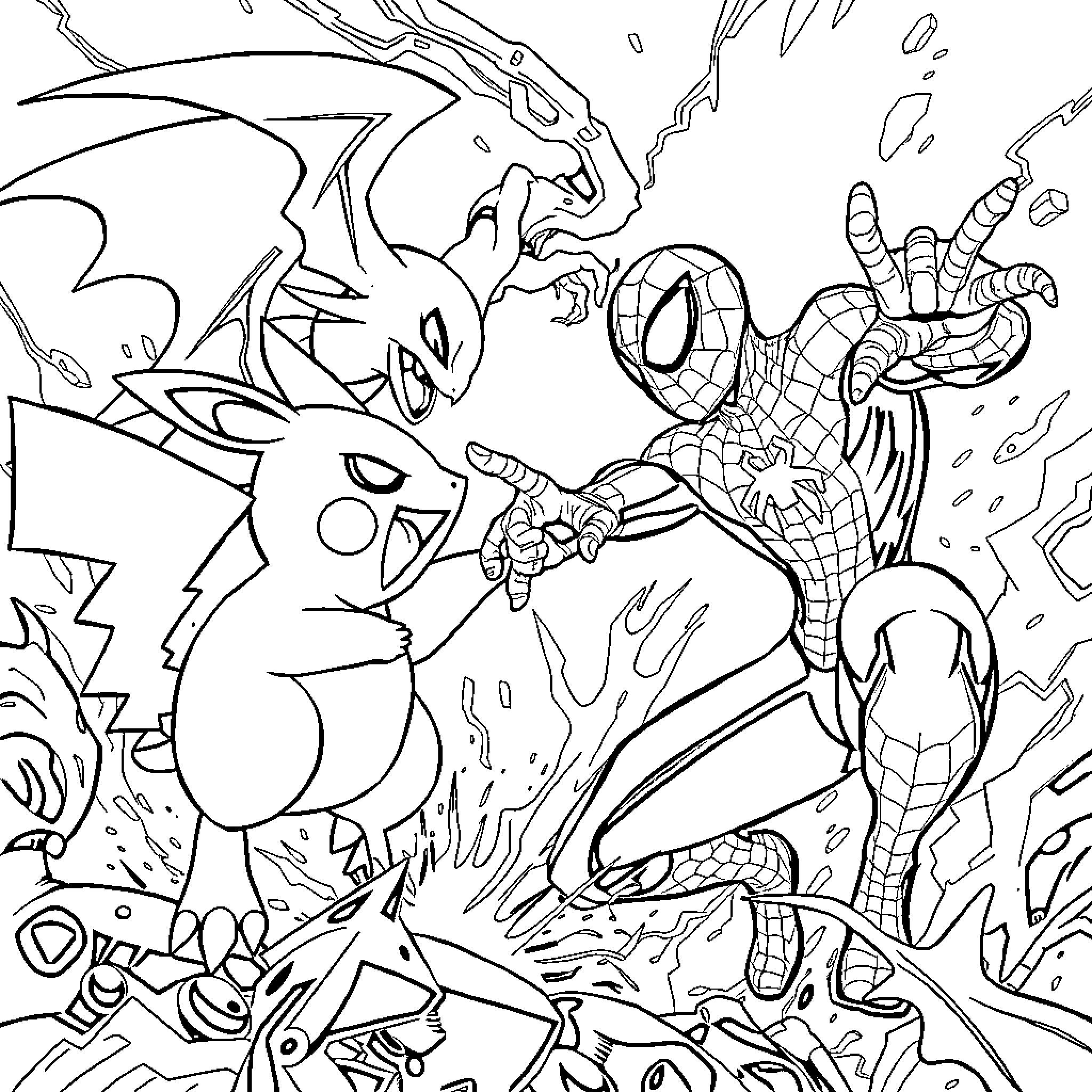 Pokémon characters in an epic battle scene Coloring Page (free black-and-white line drawing printable PDF for all, from beginners to advanced learners, including children, teens, adults, and seniors)