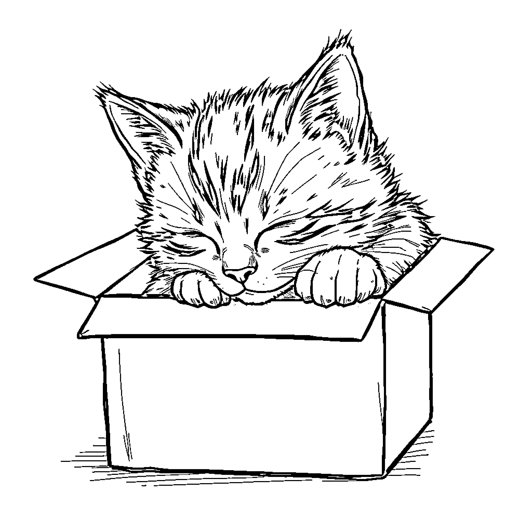 Kitten sleeping peacefully in a box Coloring Page (free black-and-white line drawing printable PDF for all, from beginners to advanced learners, including children, teens, adults, and seniors)