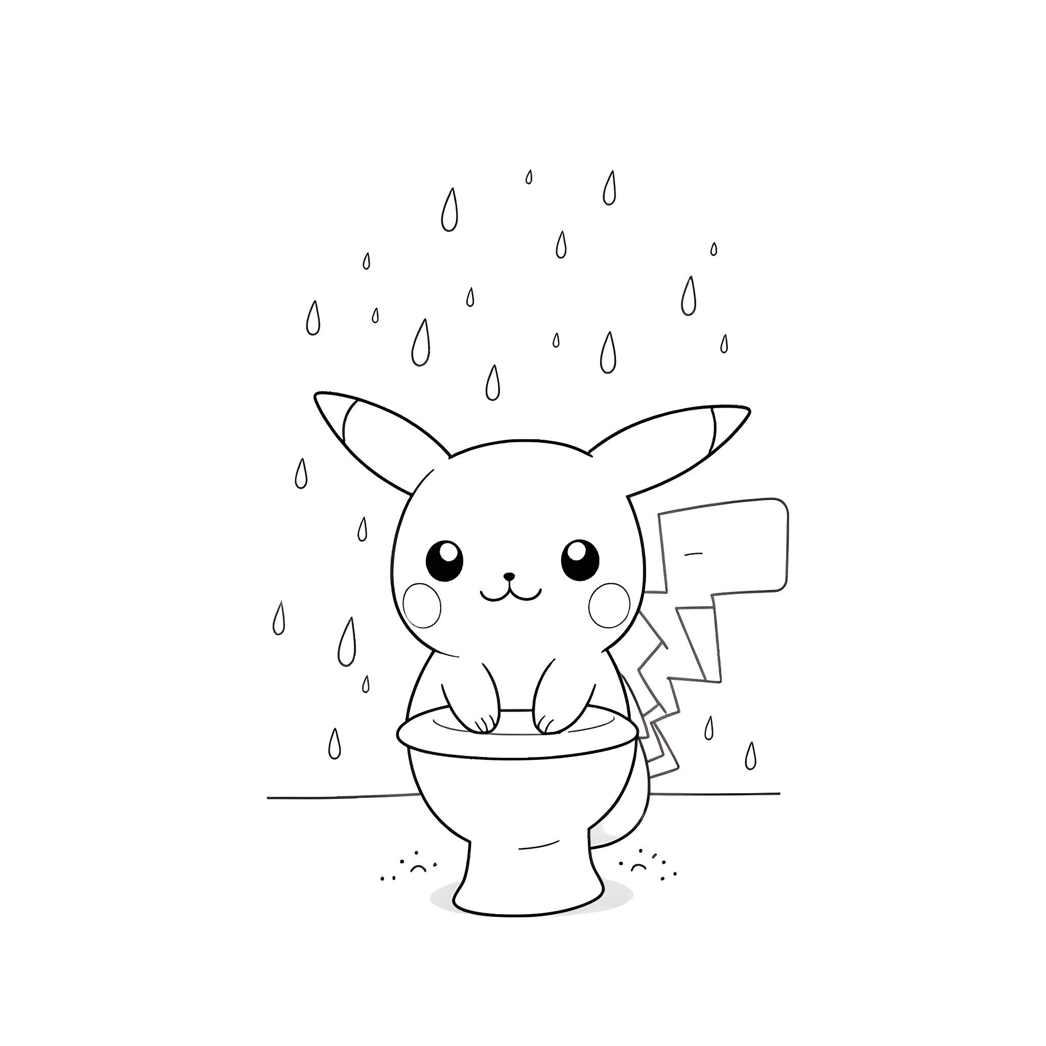 Pikachu playing in the rain Coloring Page (free black-and-white line drawing printable PDF for all, from beginners to advanced learners, including children, teens, adults, and seniors)