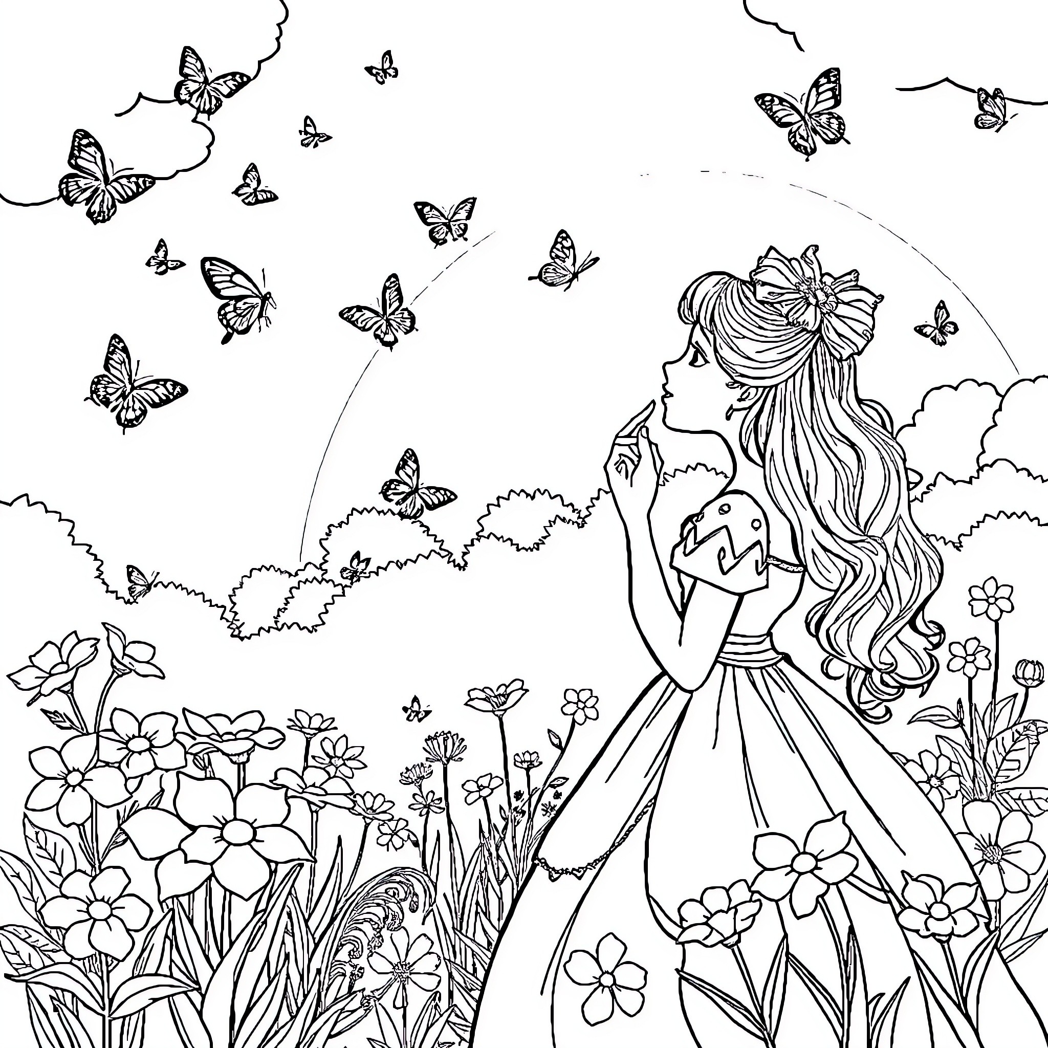 Princess in a Magical Garden with Butterflies Coloring Page (free black-and-white line drawing printable PDF for all, from beginners to advanced learners, including children, teens, adults, and seniors)