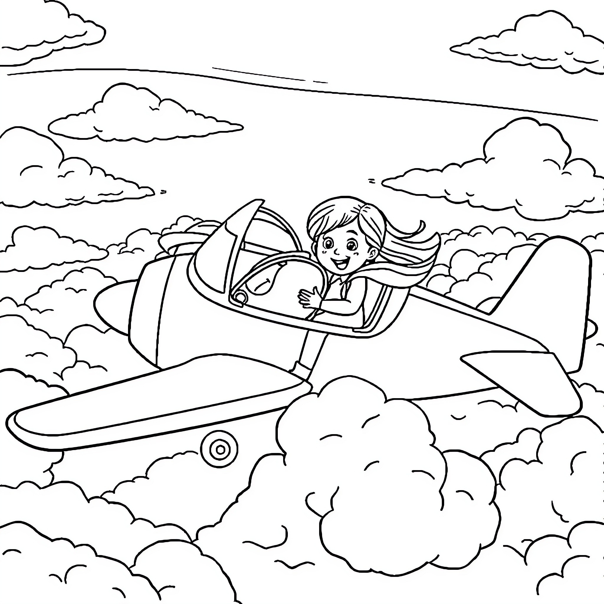 Airplane girl flying in the clouds Coloring Page (free black-and-white line drawing printable PDF for all, from beginners to advanced learners, including children, teens, adults, and seniors)