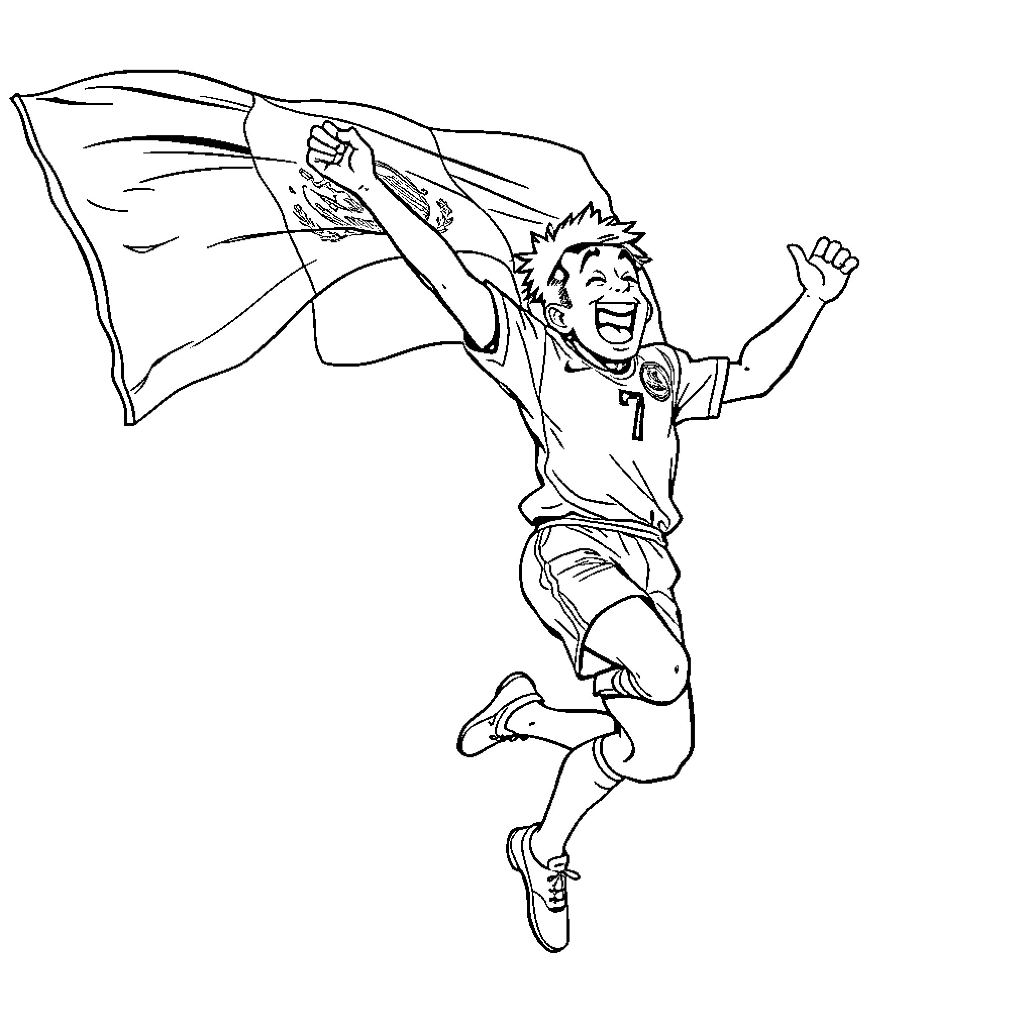 Pique Victorious Flag Bearer Celebrating Coloring Page (free black-and-white line drawing printable PDF for all, from beginners to advanced learners, including children, teens, adults, and seniors)