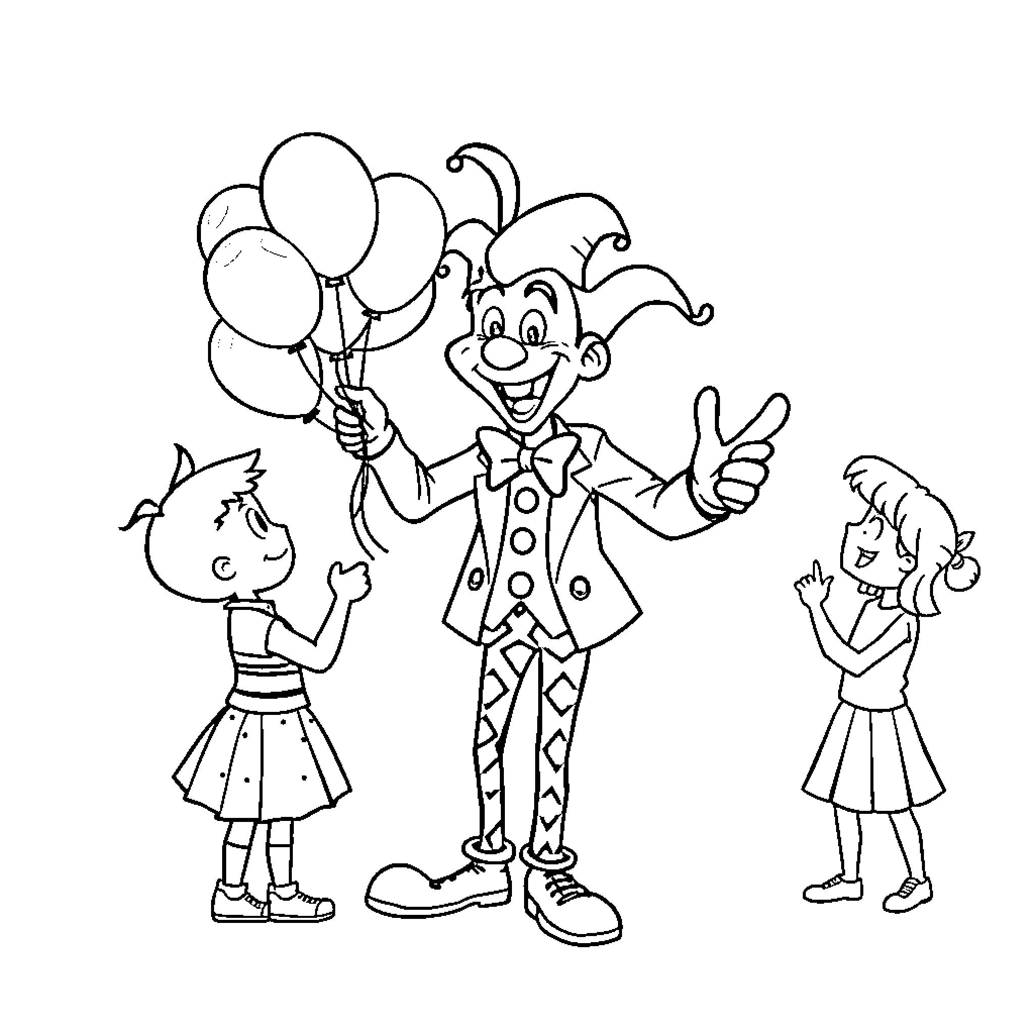 Joker entertaining children with balloons Coloring Page (free black-and-white line drawing printable PDF for all, from beginners to advanced learners, including children, teens, adults, and seniors)