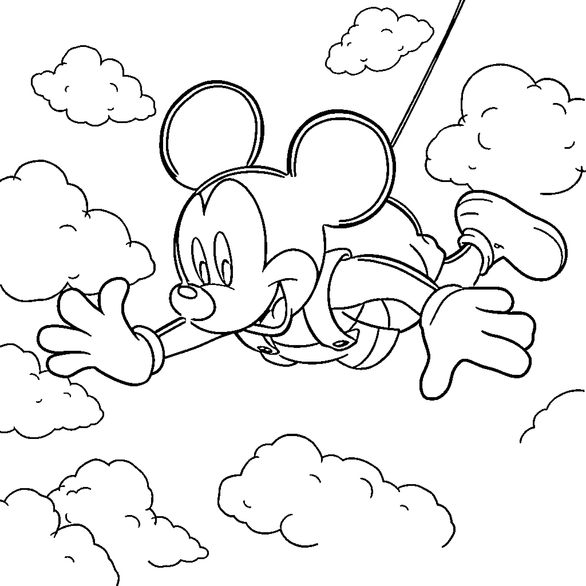 Mickey Mouse flying through the clouds Coloring Page (free black-and-white line drawing printable PDF for all, from beginners to advanced learners, including children, teens, adults, and seniors)