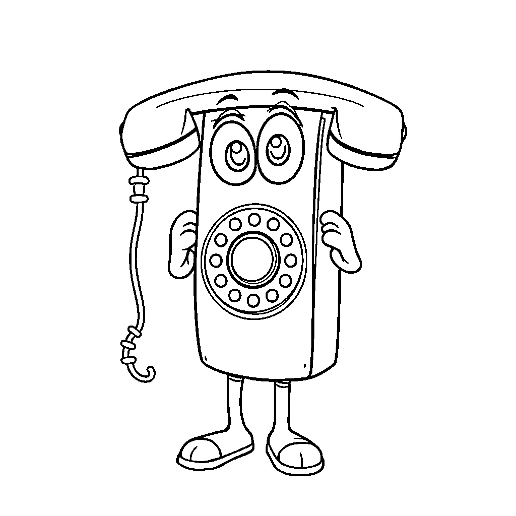 Telephone with an amusing expression Coloring Page (free black-and-white line drawing printable PDF for all, from beginners to advanced learners, including children, teens, adults, and seniors)