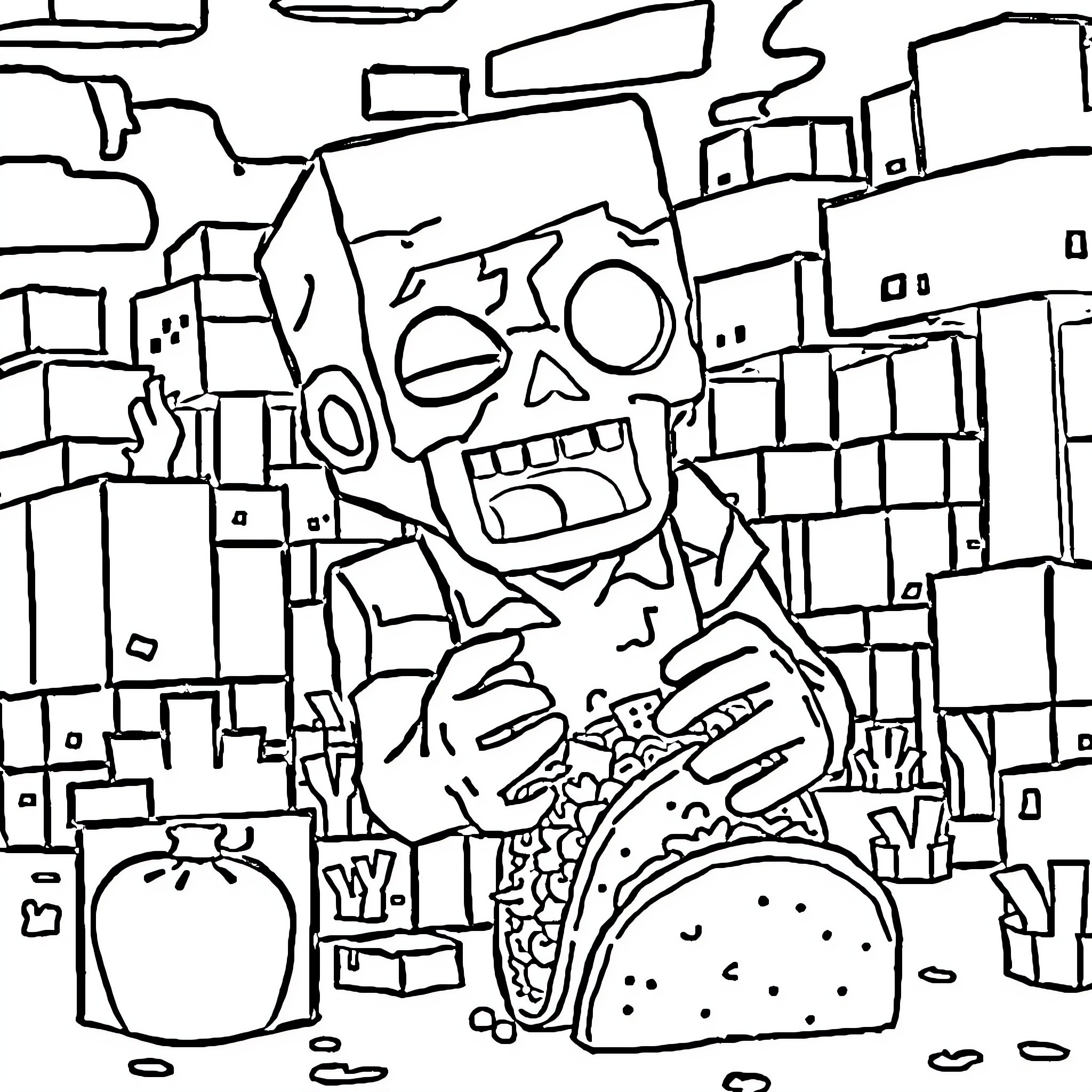 Zombie with Bizarre Appearance in Chaotic Urban Scene Coloring Page (free black-and-white line drawing printable PDF for all, from beginners to advanced learners, including children, teens, adults, and seniors)
