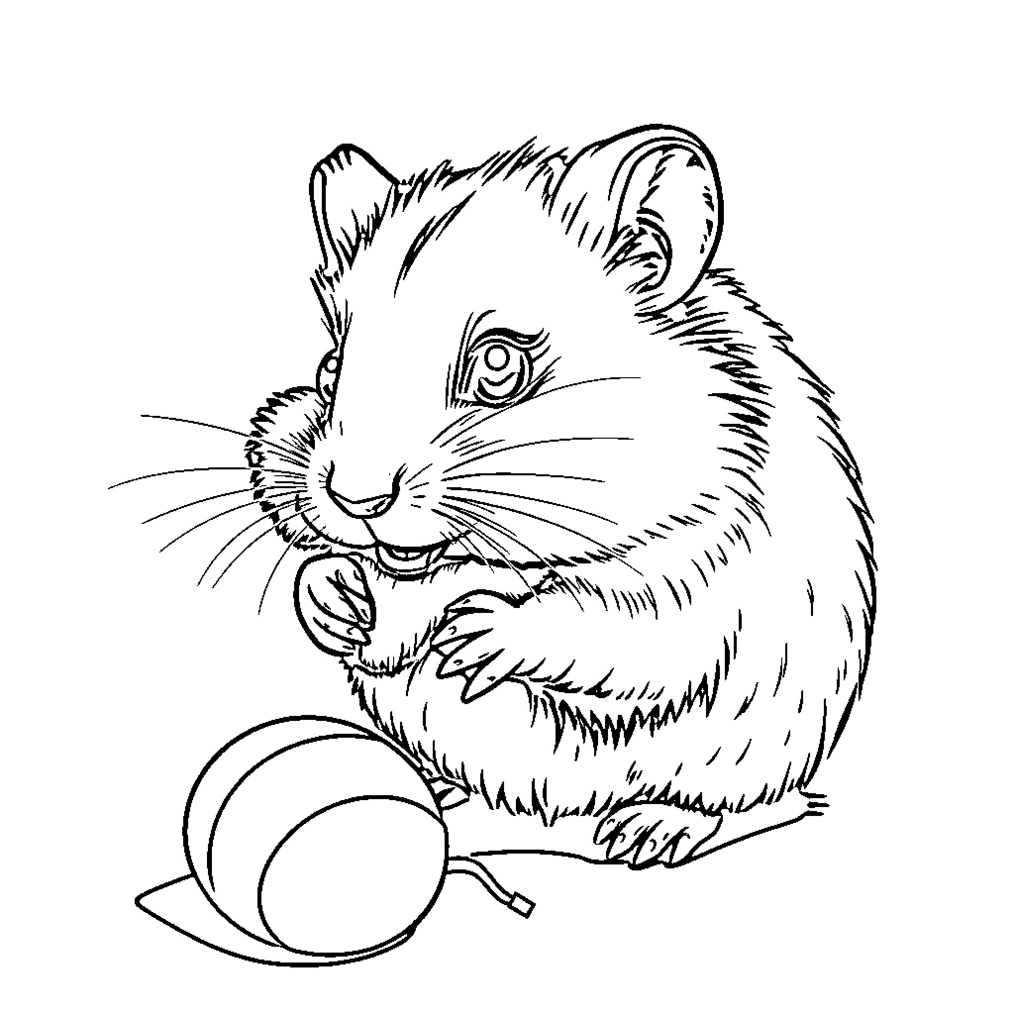 Hamster playing with a ball Coloring Page (free black-and-white line drawing printable PDF for all, from beginners to advanced learners, including children, teens, adults, and seniors)