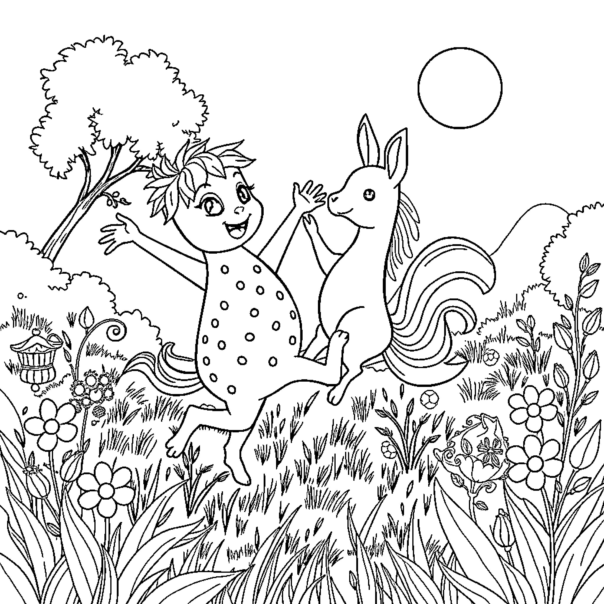 Strawberry Elephant playing with rabbit in garden Coloring Page (free black-and-white line drawing printable PDF for all, from beginners to advanced learners, including children, teens, adults, and seniors)
