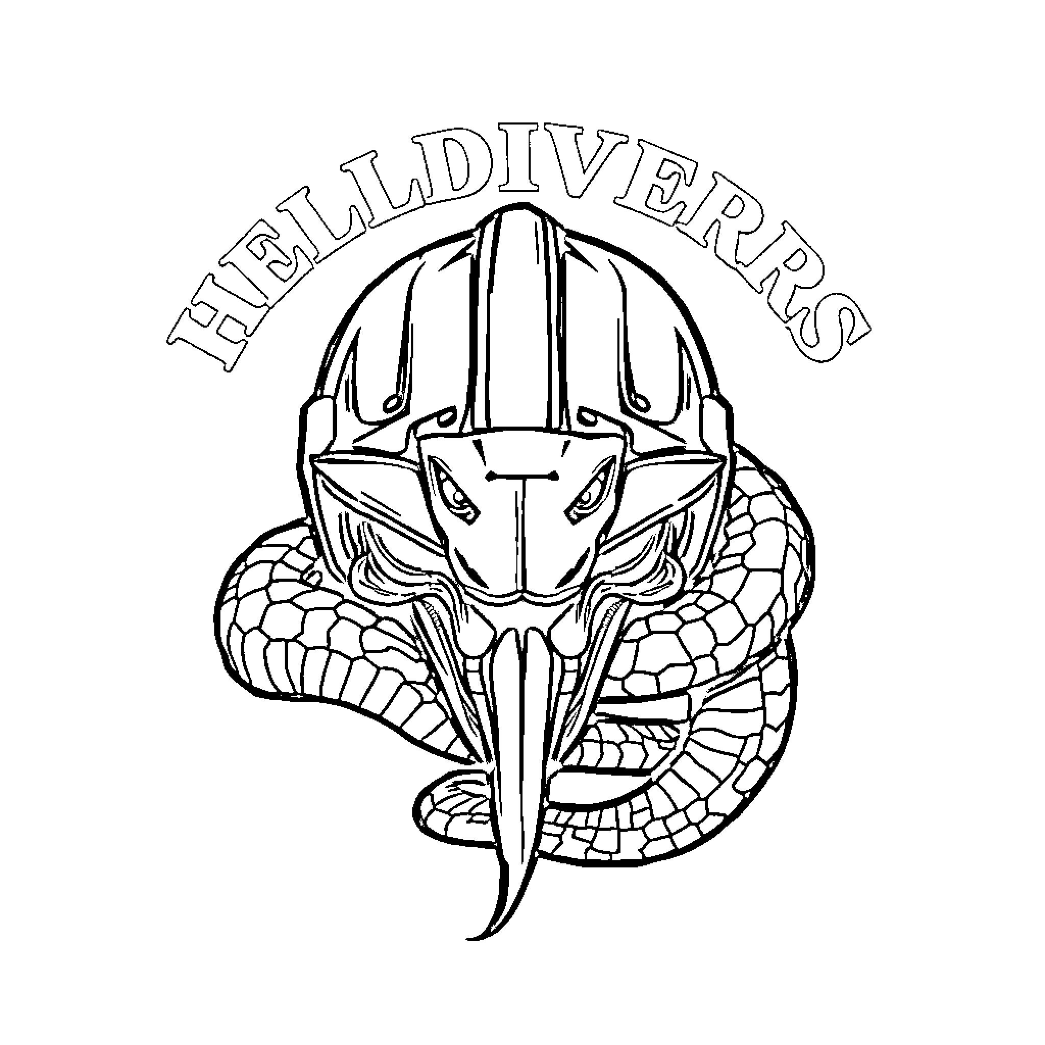 Python Helmet Divers with Serpent Coloring Page (free black-and-white line drawing printable PDF for all, from beginners to advanced learners, including children, teens, adults, and seniors)