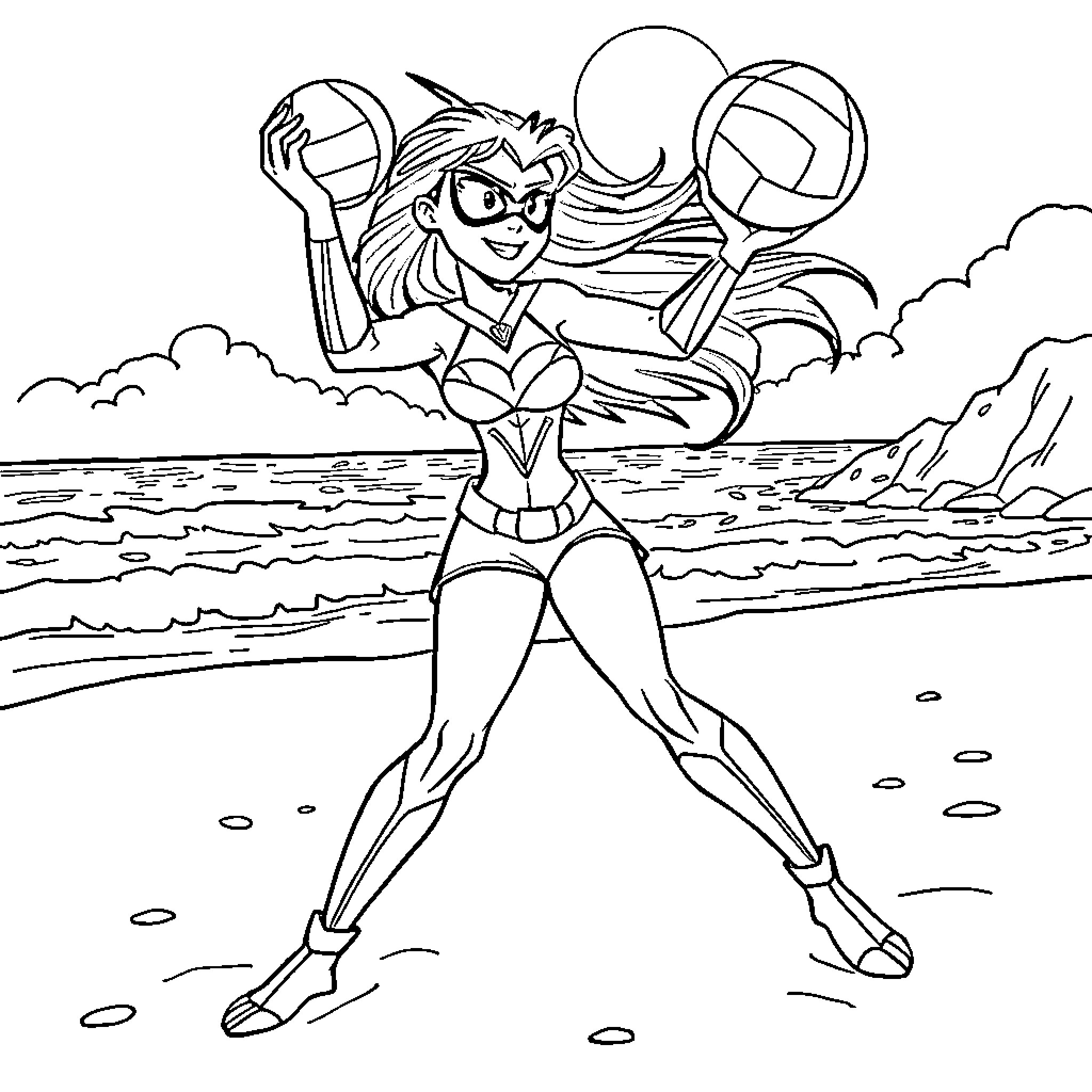 Raven battling with sports equipment on the beach Coloring Page (free black-and-white line drawing printable PDF for all, from beginners to advanced learners, including children, teens, adults, and seniors)