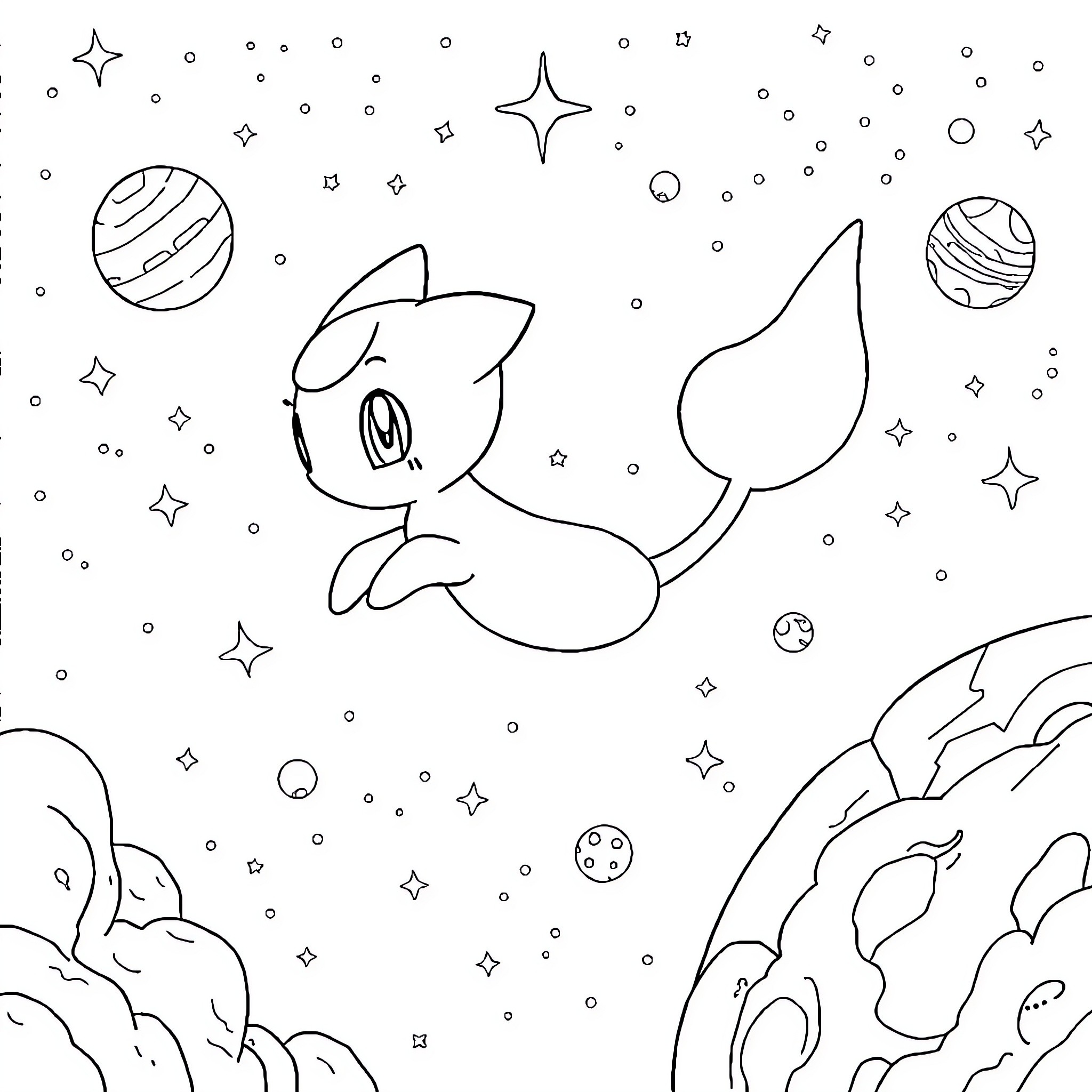 Mew exploring the cosmic universe Coloring Page (free black-and-white line drawing printable PDF for all, from beginners to advanced learners, including children, teens, adults, and seniors)
