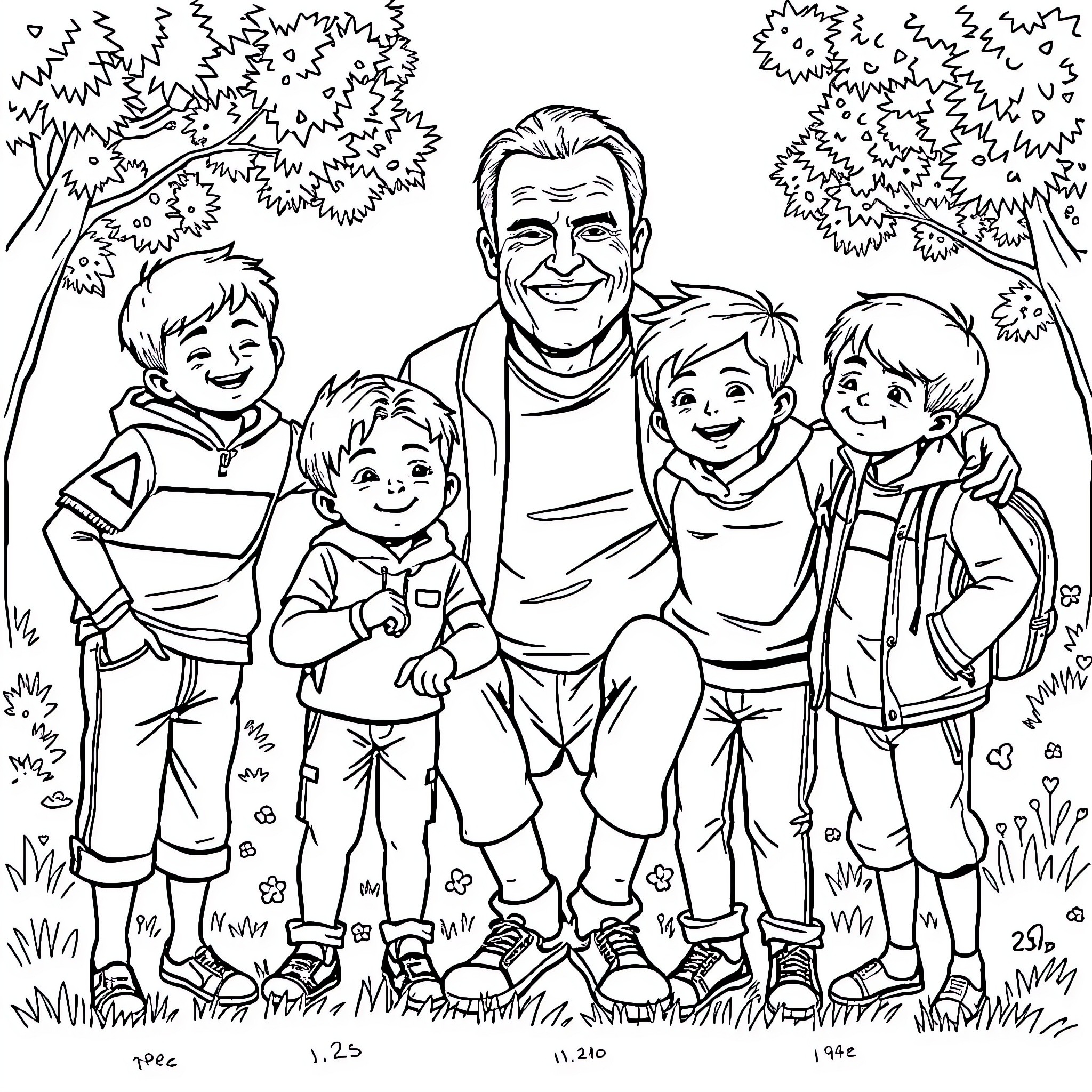 Boy with family enjoying outdoor adventure Coloring Page (free black-and-white line drawing printable PDF for all, from beginners to advanced learners, including children, teens, adults, and seniors)