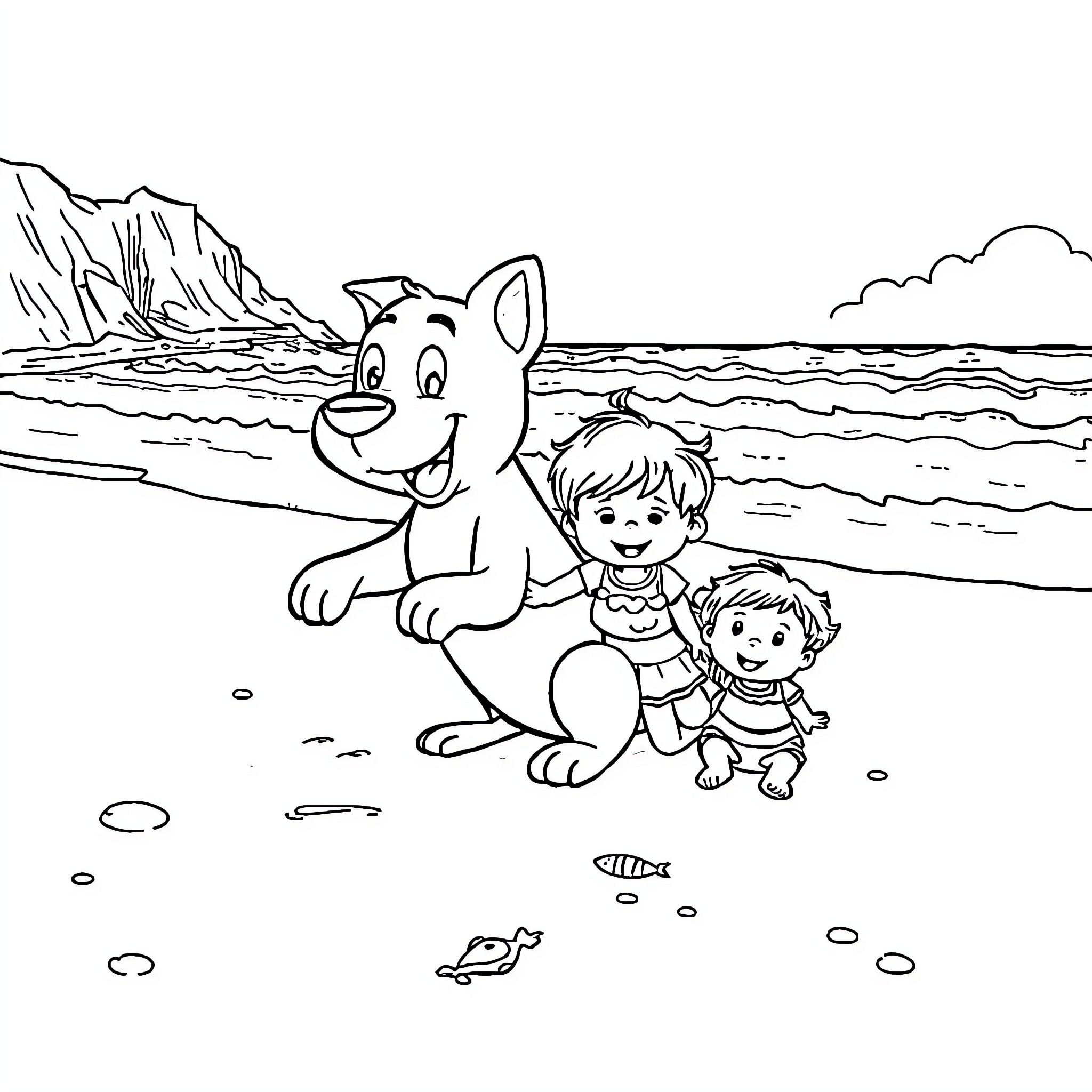 Bluey and friends enjoying a day at the beach Coloring Page (free black-and-white line drawing printable PDF for all, from beginners to advanced learners, including children, teens, adults, and seniors)