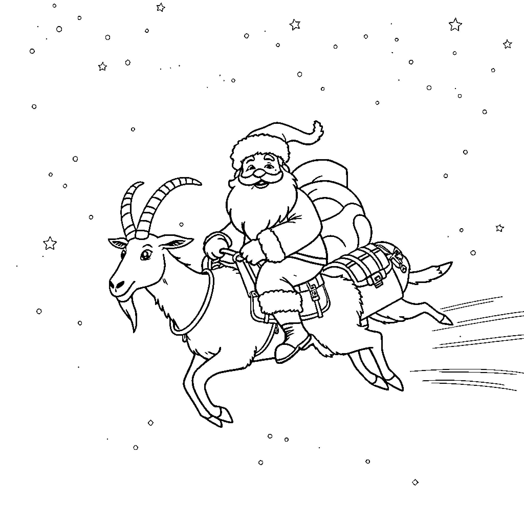 Santa riding a goat in the snowy night Coloring Page (free black-and-white line drawing printable PDF for all, from beginners to advanced learners, including children, teens, adults, and seniors)