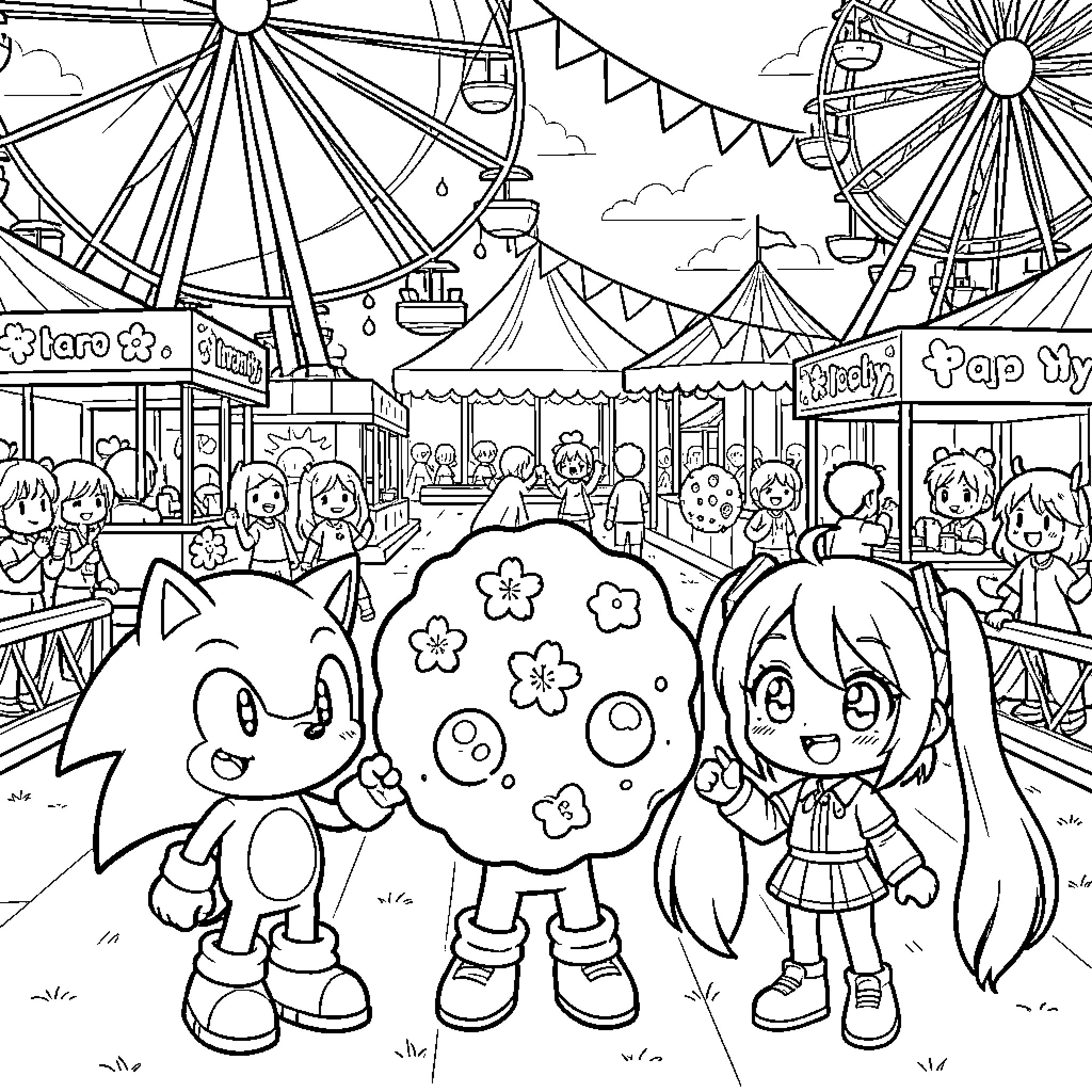 Anime Character holding a large flower shaped cookie Coloring Page (free black-and-white line drawing printable PDF for all, from beginners to advanced learners, including children, teens, adults, and seniors)